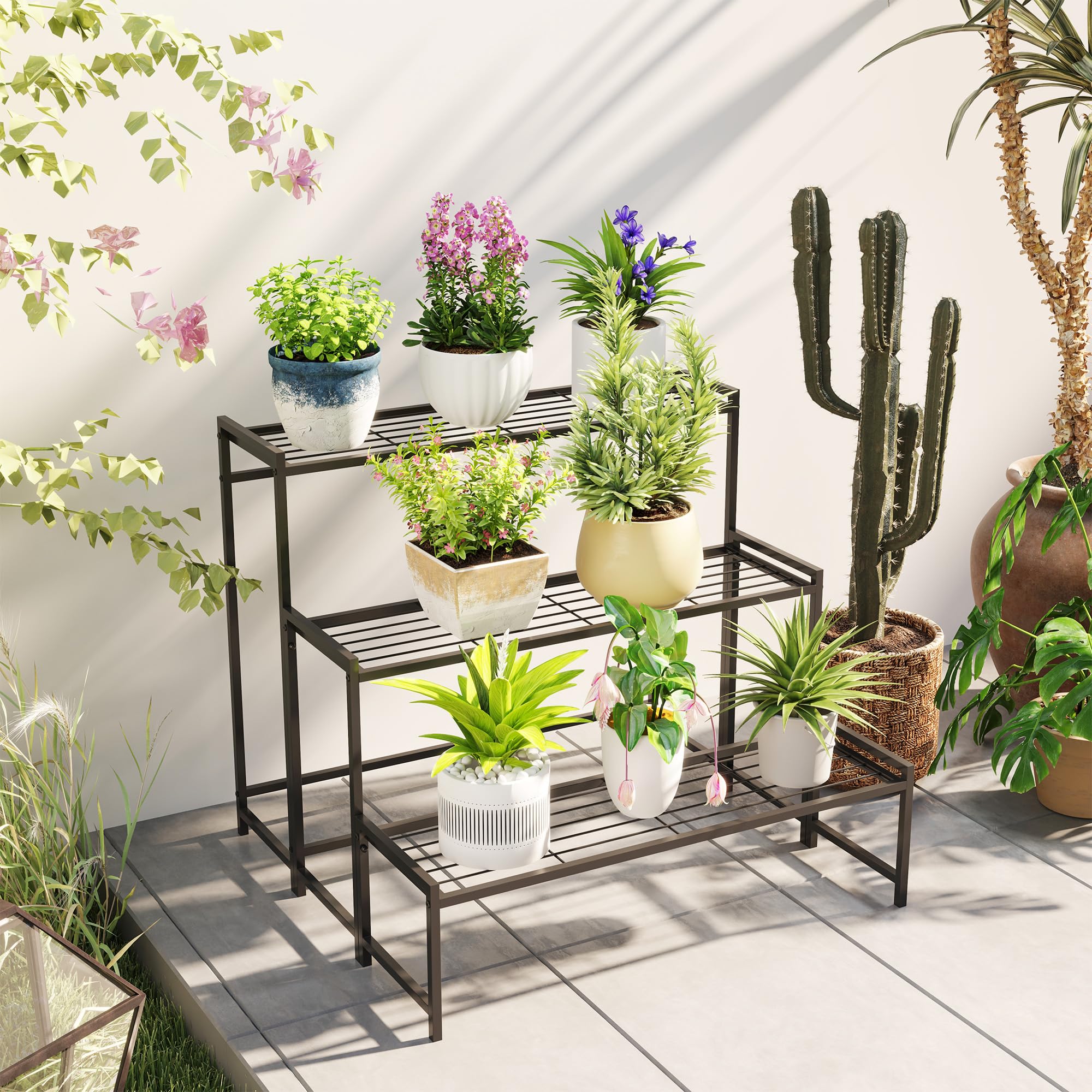 Outsunny Étagère à Fleurs en métal 3 Niveaux Jardin 75 x 70 x 66 cm Noir | Intérieur et Extérieur, Support de Plantes en Échelle, Étagère à Plantes, Balcon, Salon