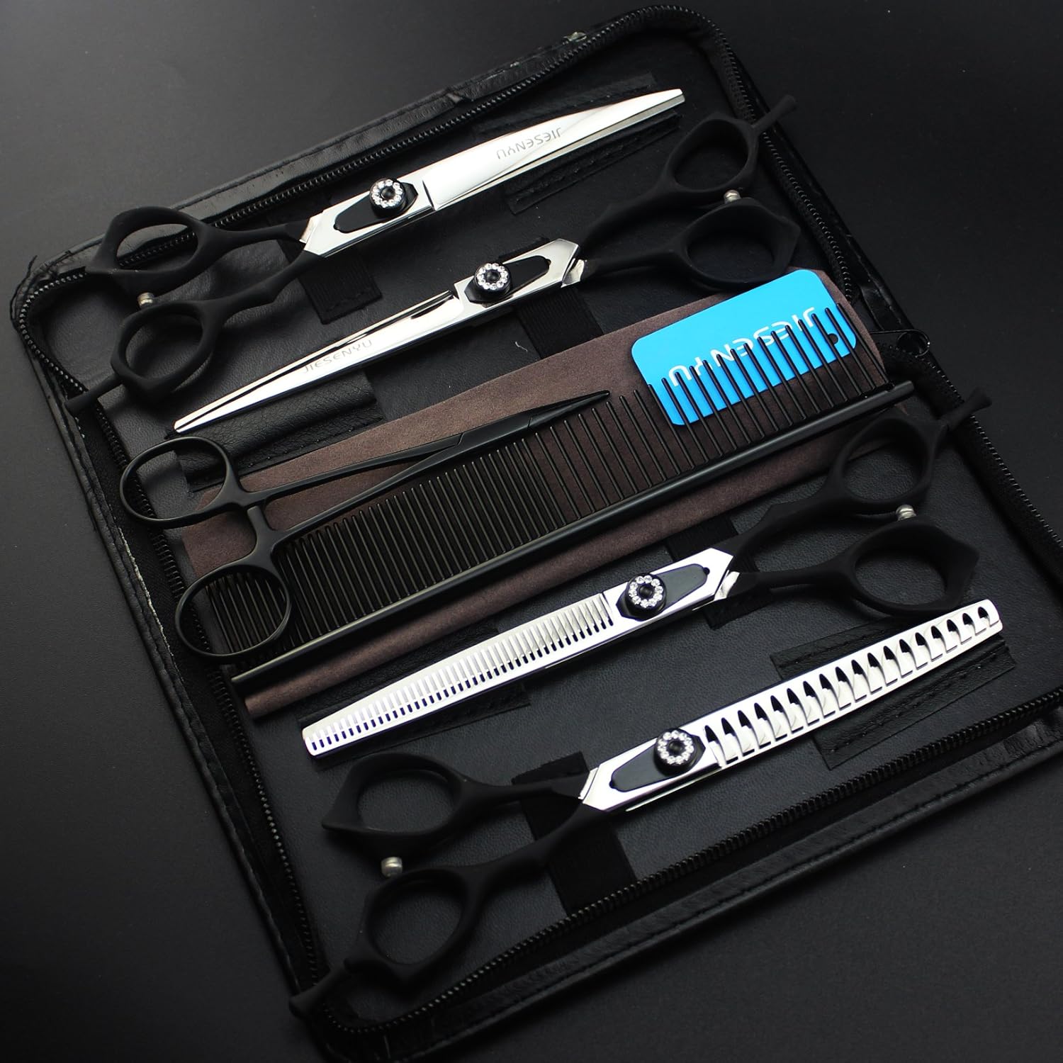 JIESENYU 7.0 in. Pro Pet Grooming Scissors Sharp Edges Cutting +Curved + 2thinning Scissors 4 PCS Set for Dog Grooming (Black)
