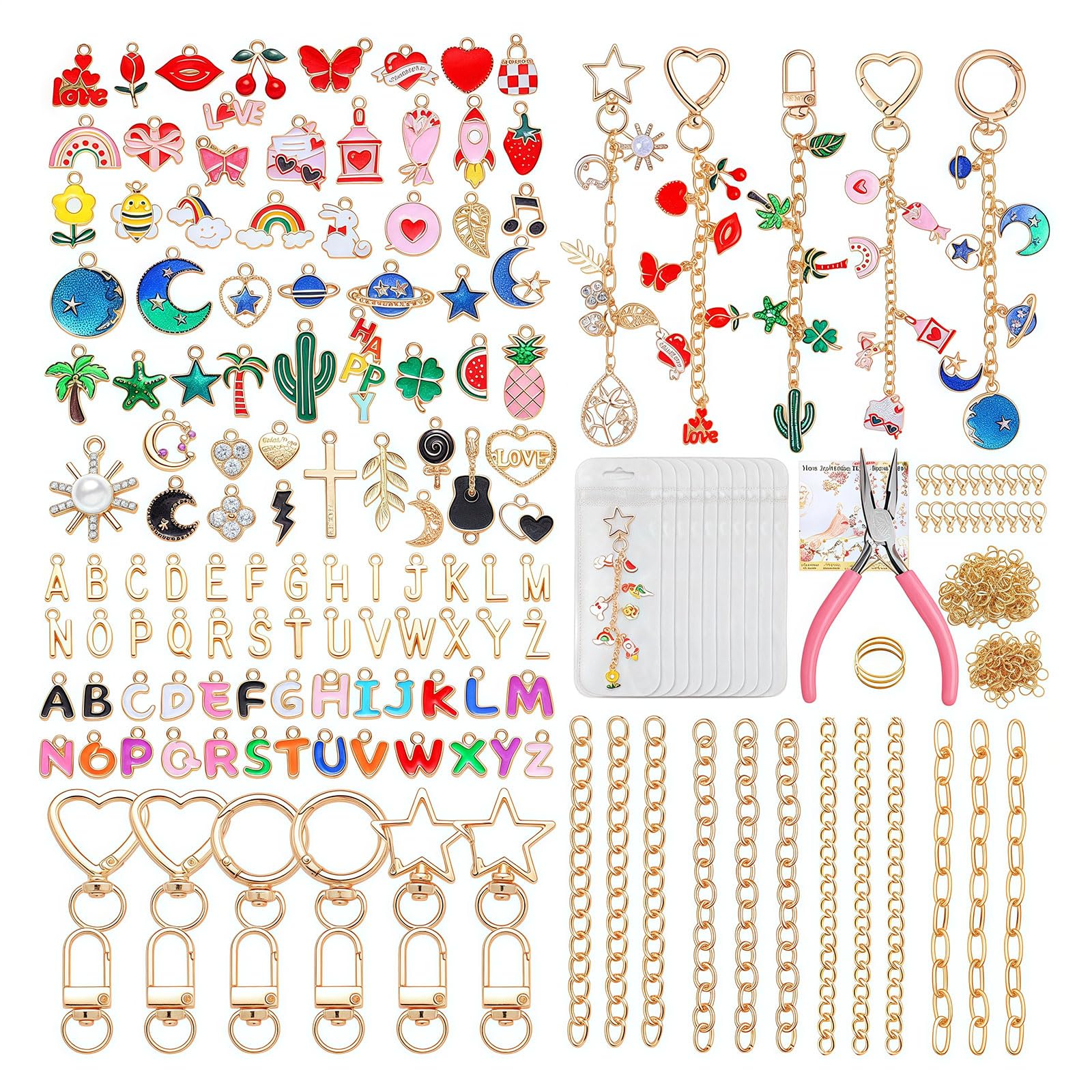 Rokahebi 352Pcs DIY Keyring Making Kit Lip Gloss Charm Set, Complete Bag Charm & Bracelet Making Kit, Stainless Steel Charms, Jump Rings, Pliers & Gift Bags Craft Kit for Adults DIY Jewellery