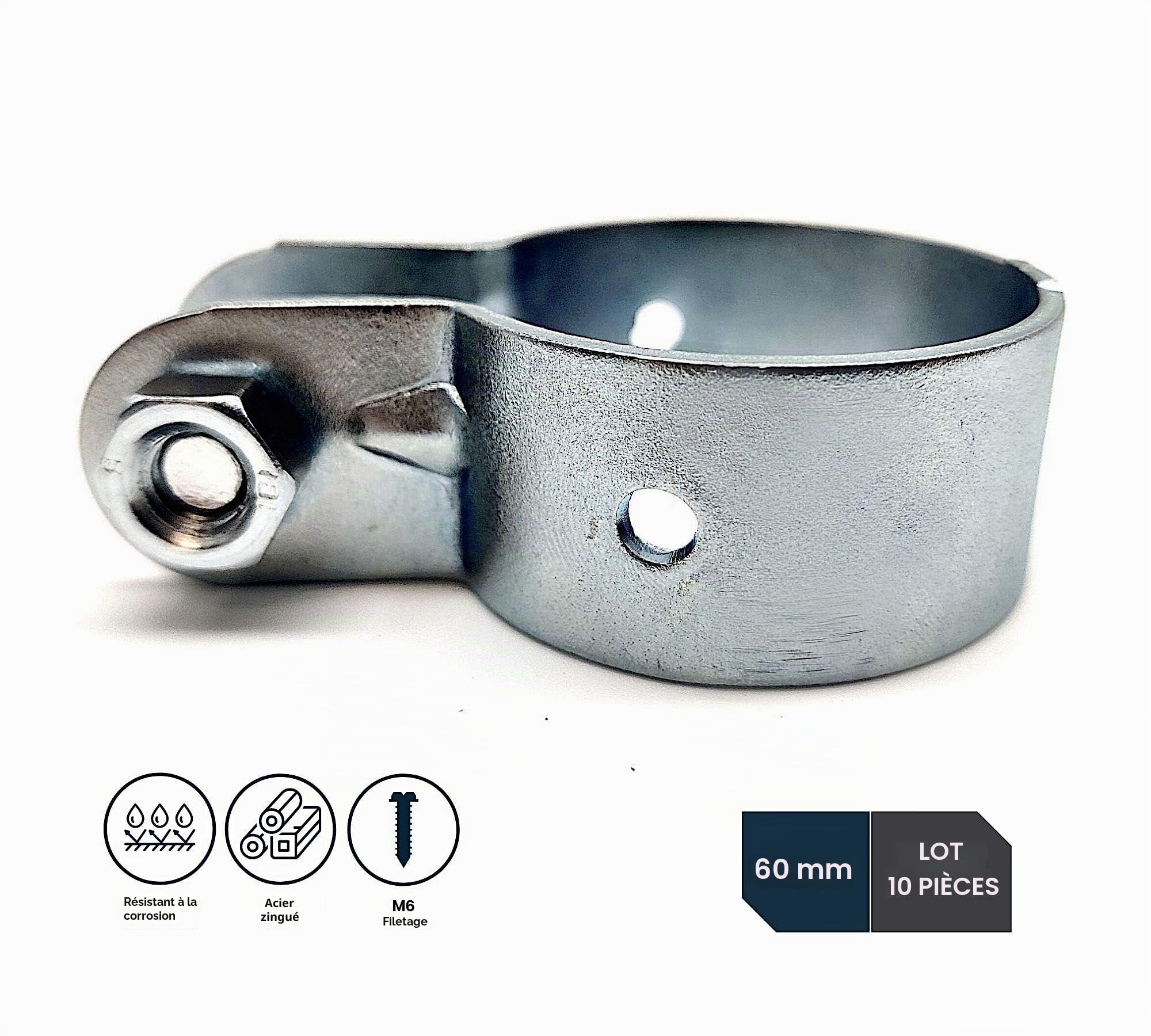 DOJA INDUSTRIAL | Collier de Serrage Poteau 60mm | Couleur Galvanisé | Diamètre: 60mm | Pack 10 | Accessoires pour Clôtures et Poteaux | pour Fixation Entretoises au Poteau Cloture
