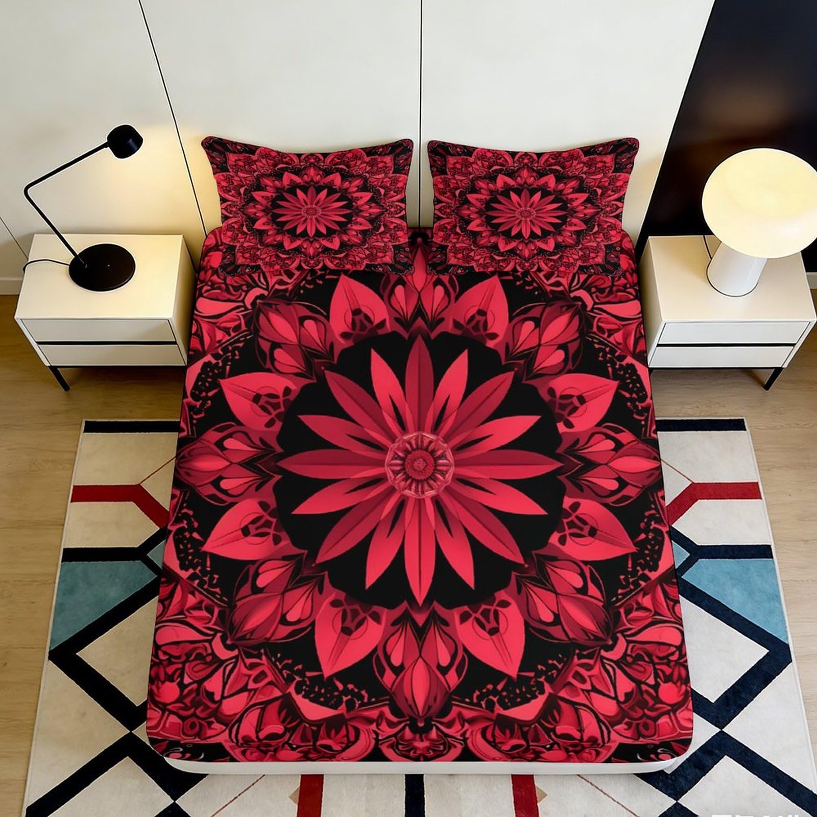 Pnayamiorkfel Style-5 3D Printed Mandala Flower Fitted Sheet Microfiber Red Black Lotus Mattress Cover For Bedroom Guest Room Decor 90X200x25cm