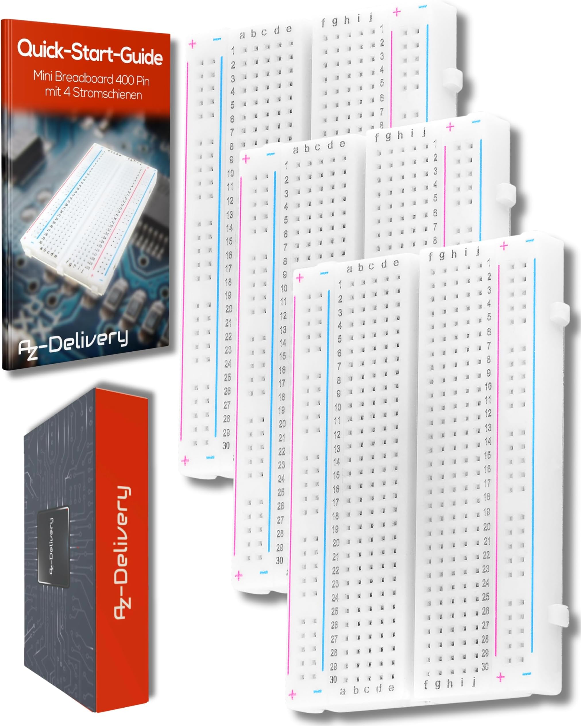 AZDelivery 3x MB-102 Mini Breadboard 400 Tie Point Interlocking Solderless Prototype PCB Board, 4 Power Rails for Proto Shield Distribution Connection Blocks compatible with Arduino Including E-Book!