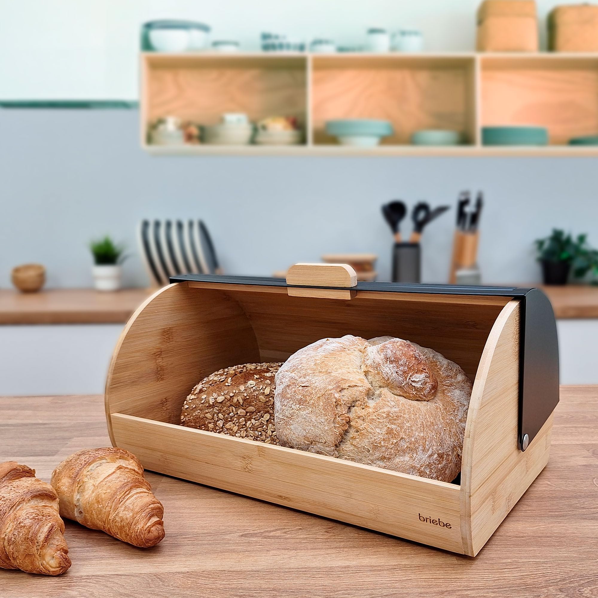 briebe Nordic Boîte à Pain en Bois de Bambou, Couvercle Coulissant pour Conserver le Painen, Bread Box pour le Rangement des Viennoiseries, Design Nordique Moderne, Noir