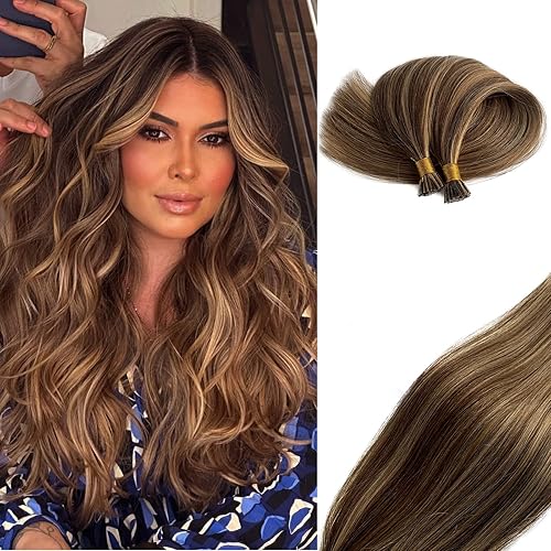 Itip - Extensiones de cabello humano para mujer, extensiones de cabello humano 100% real, con reflejos marrones meduim con punta en I rubio,