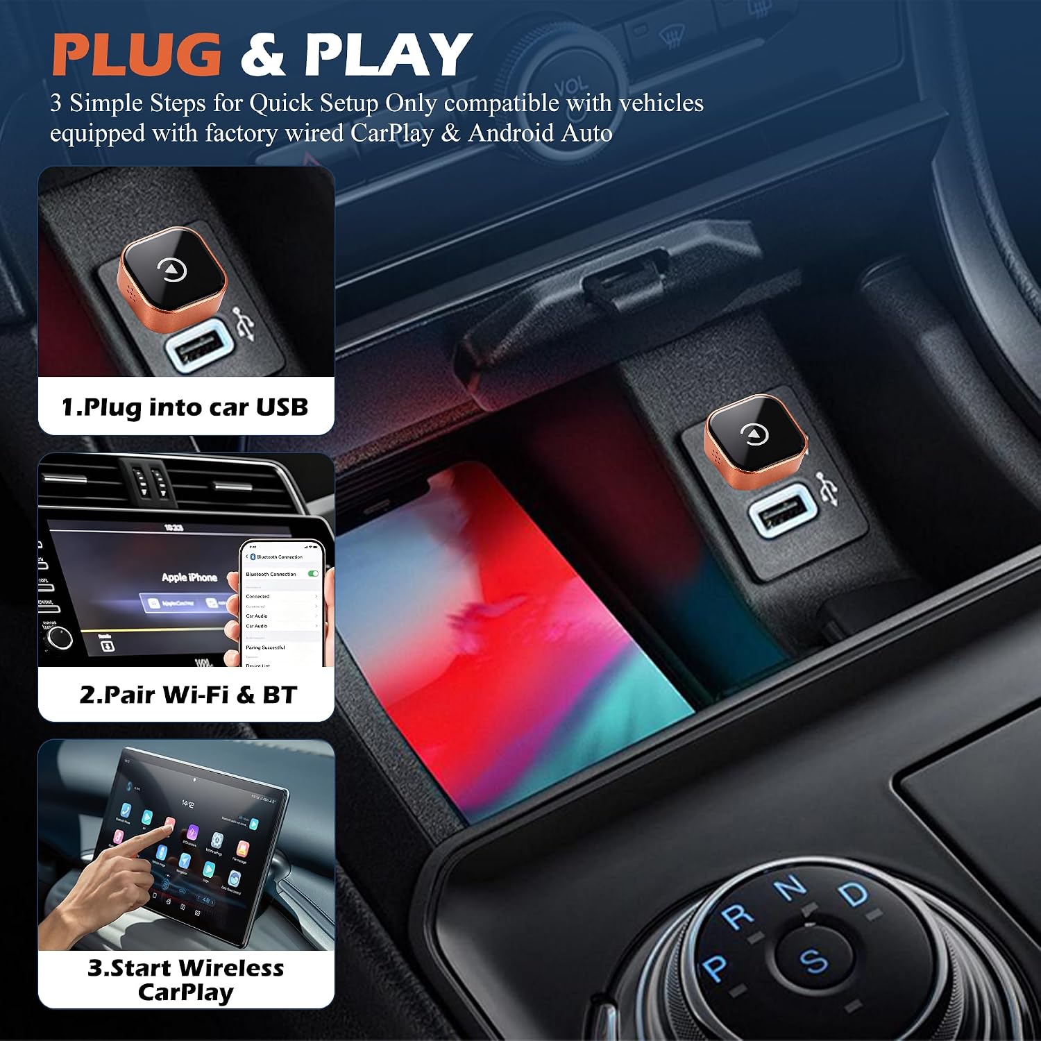 Wireless CarPlay Adapter, 2-in-1 Mini CarPlay Wireless Adapter Plug & Play