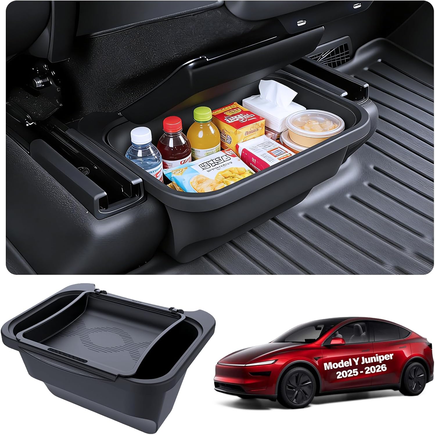 for Tesla Rear Trash Can Model Y Juniper Accessories 2025 2026 Center Console Organizer with Anti-Slip Lid Cover Model Y Floor Storage Box Garbage Bin Silicone Backseat Storage Box Black