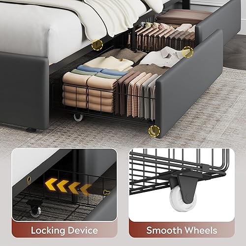 Miniatura 3 de WLIVE Base de cama tapizada tamaño Queen con 4 cajones de almacenamiento y cabecero, marco de cama de plataforma de terciopelo, soporte de listones