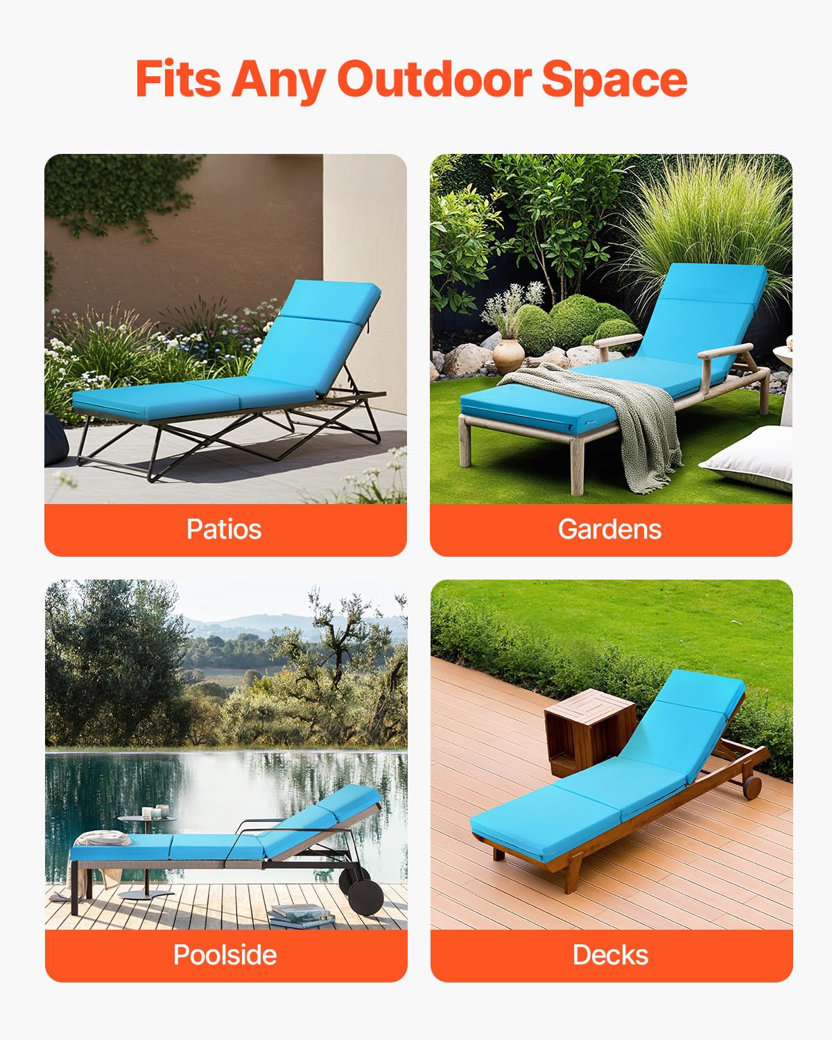 VEVOR Cojín para Tumbona, 2 Piezas, Cojín 1830x533x98 mm para Silla de Jardín Resistente al Agua y a la Decoloración, Cojines de Repuesto para Tumbonas con Lazos para Exterior, Patio, Azul Verdoso
