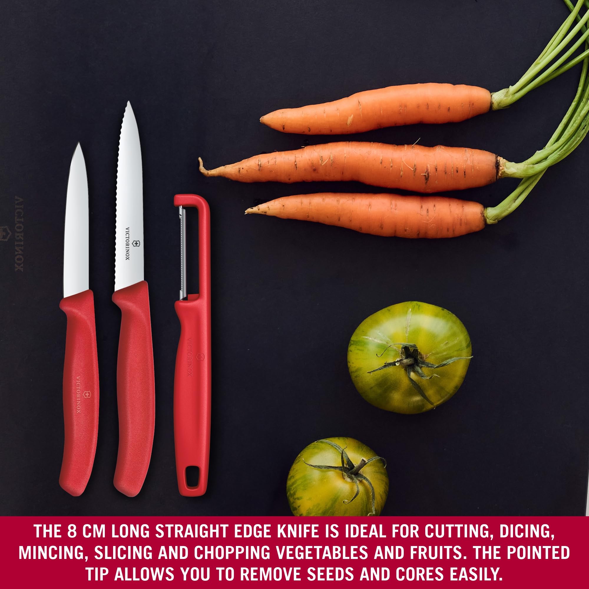Victorinox Swiss Classic Juego de navajas con pelador, cuchillo para pelar y cuchillo para tomates, 3 piezas, hoja extra afilada, Rojo