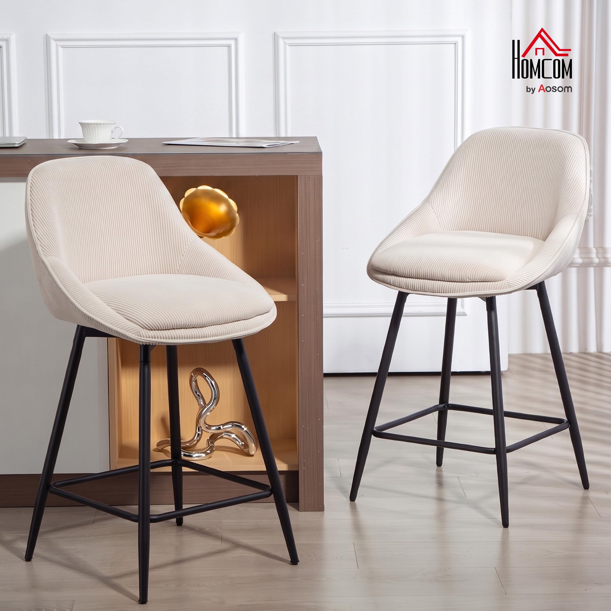HOMCOM Barhocker 2er Set Drehbar mit Fußstütze Sitzhöhe 65 cm, Creme