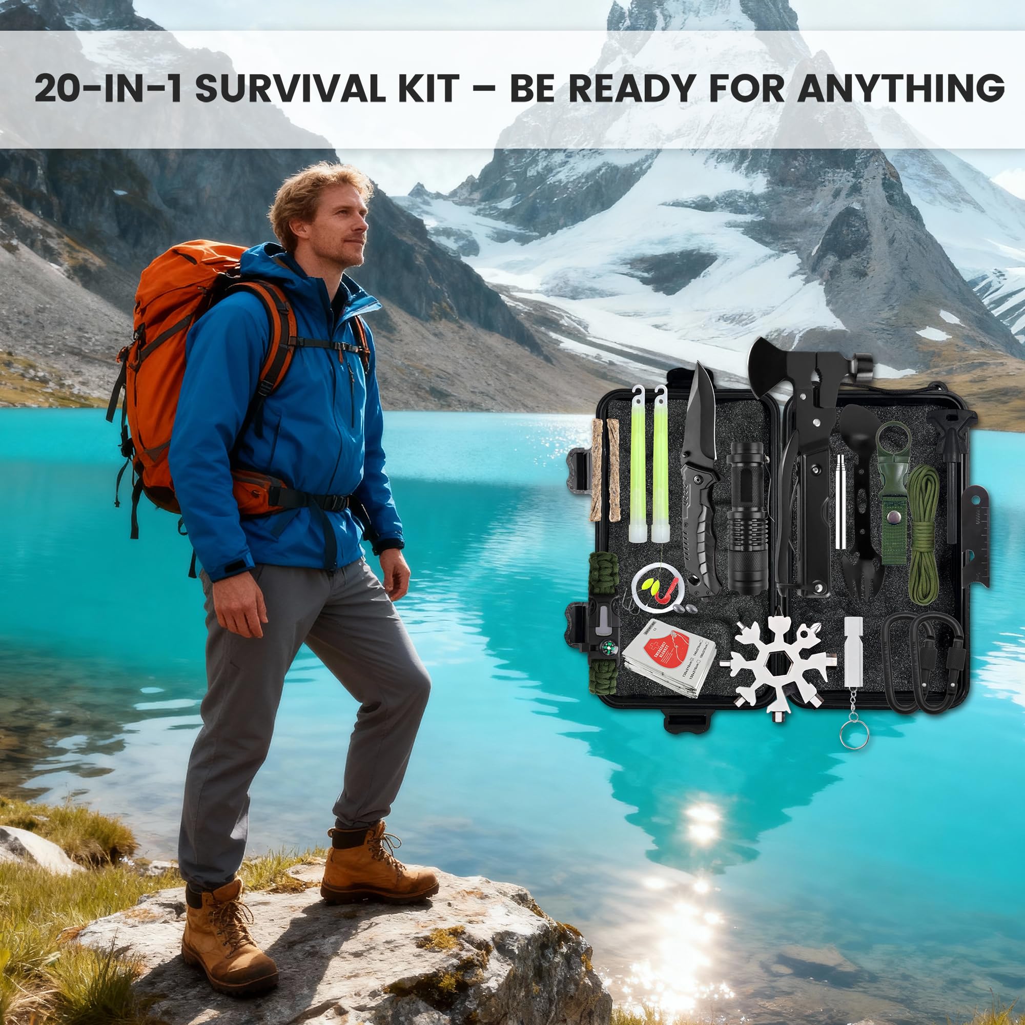Survival Kit 20 in 1, Outdoor Ausrüstung, Survival Kit Militär Hochwertig Mit Klappmesser, Outdoor Camping, Überlebensausrüstung, Überlebensausrüstung für Camping,Bushcraft,Wandern,Jagde,Abenteuer