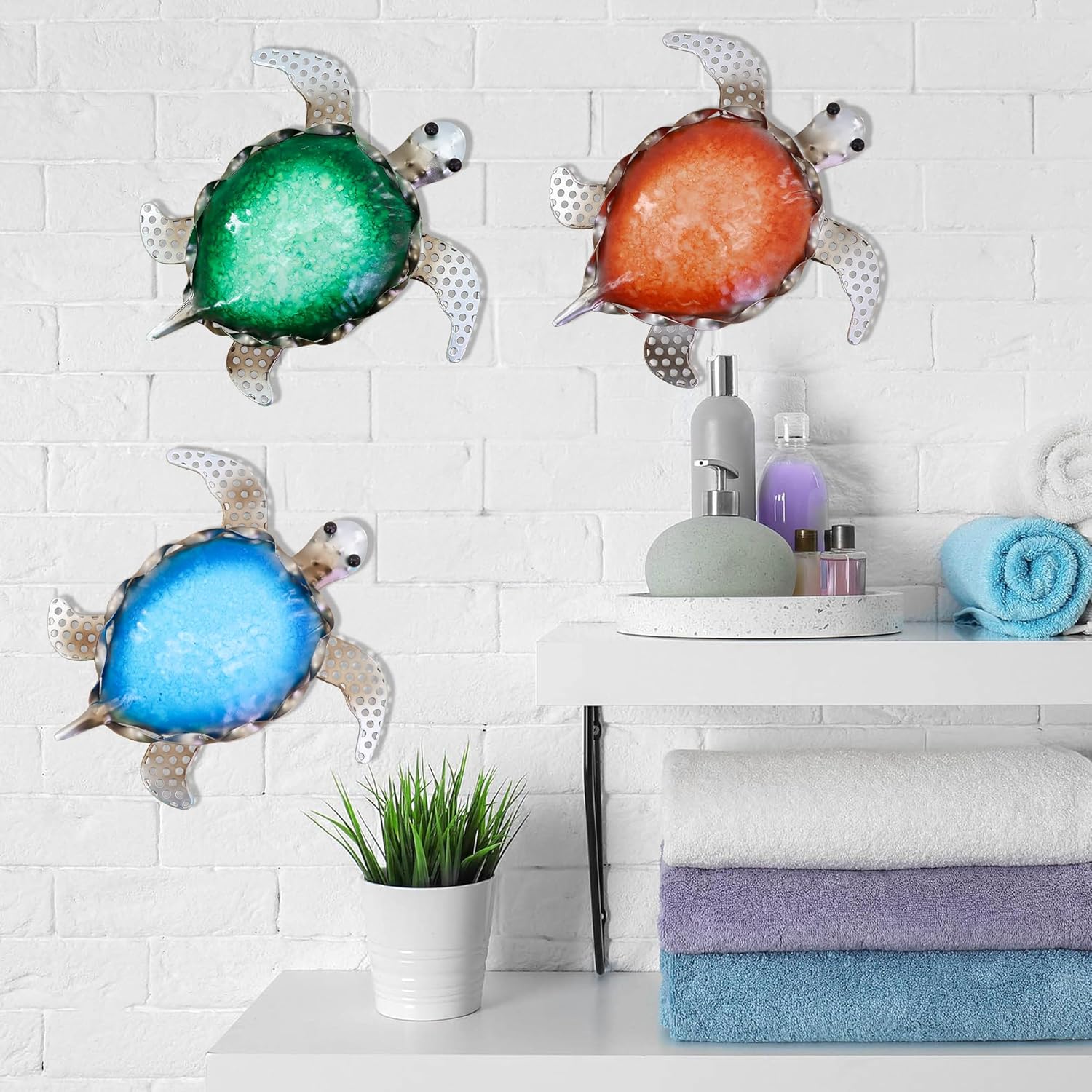 YNGFIL Beach Sea Turtle Metal Outdoor Wall Decor - Set of 3, 8 Inch Colored Turtles for Home, Bathroom, Caribbean Theme