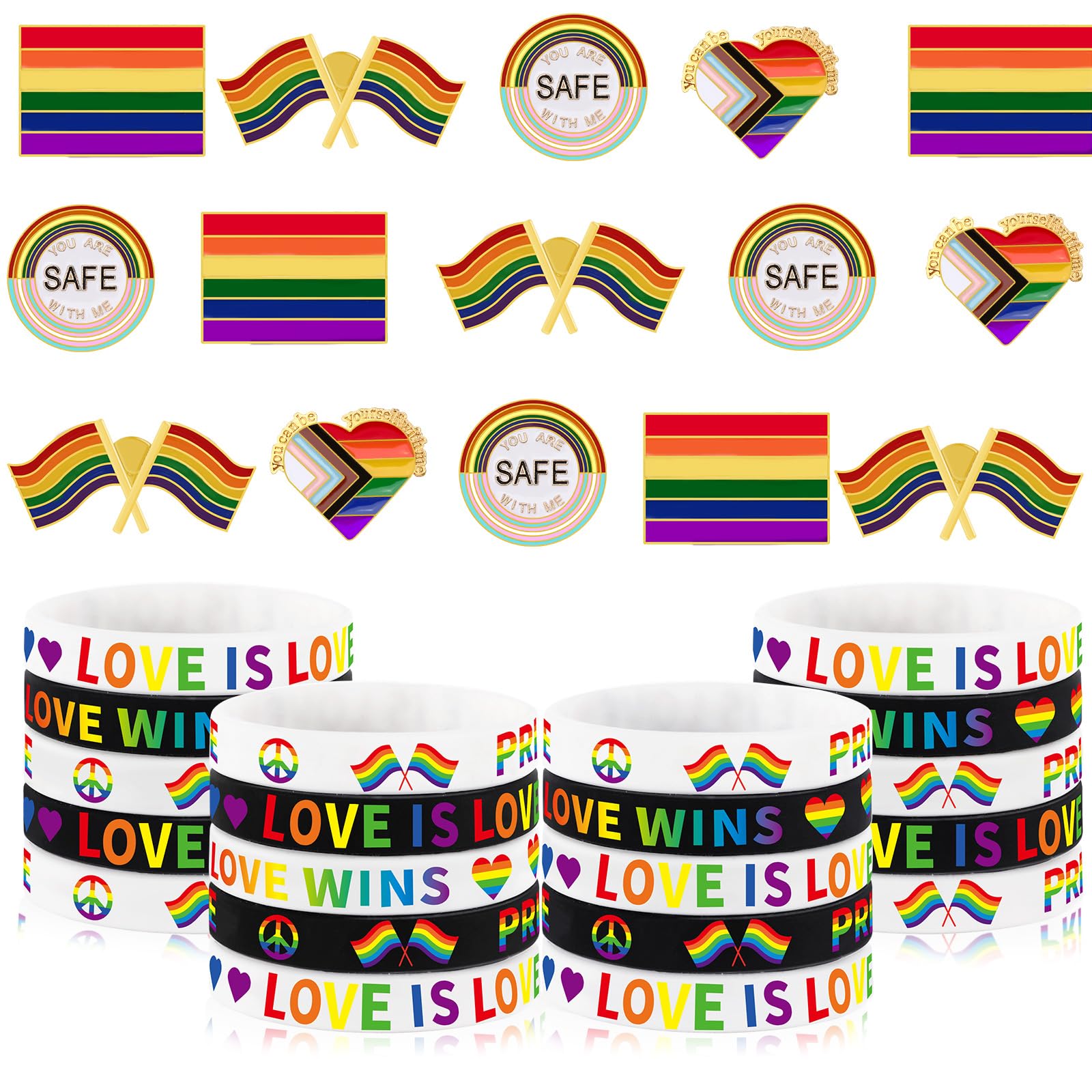 JUNEBRUSHS 40 Pcs Pride Accessories LGBTQ Bracelets Gay Pride Pins Silicone Rainbow Wristbands Brooches for Pride Parade Pride Month Party Gift