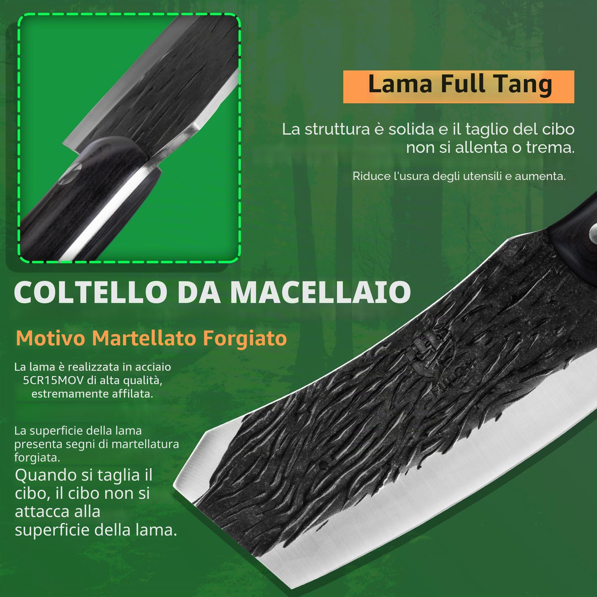 FULLHI Coltelli da cucina con fodero, coltello da chef con manico in legno per cucinare e tagliare la carne, coltelli per verdure e frutta. (nero, 30,2)