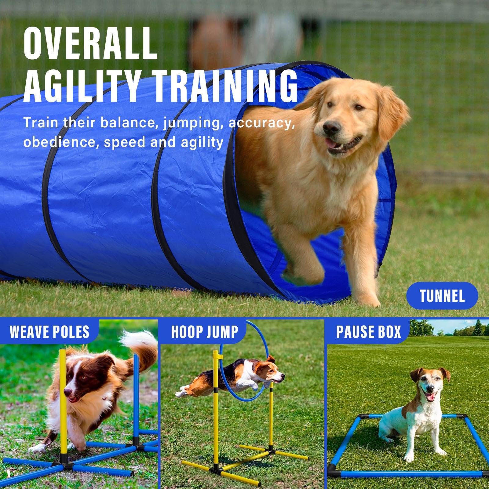 Dog Agility Training Equipment, Dog Agility Course Backyard Set with 2 Adjustable High Hurdle, 2 Tunnels, 6 Weave Poles, Pause Box, Jump Ring, Snack Bag, Folding Bowl, Balls, Whistle, Carry Bag - image 3