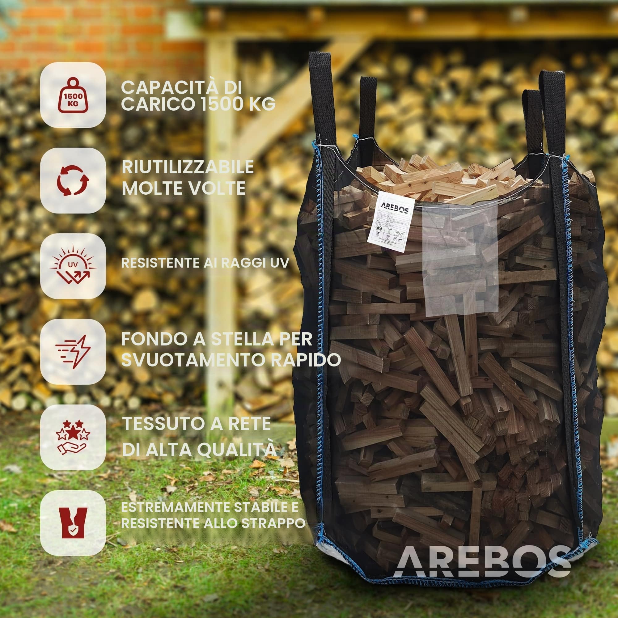 Arebos Sacco di legno Premium | Big Bag 100 x 100 x 160 cm | con 4 passanti e grembiule di riempimento | Portata 1500 kg, SF 5:1, EN ISO 21898 | Sacco per detriti edili, legno, rifiuti da giardino,