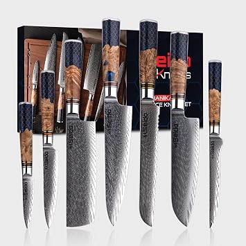 SEIDO KNIVES Hanikamu VG10 Damascus Chef Knife Set - Handcrafted Honeycomb Epoxy Resin with Stabilized Wooden Handles - Durable and Corrosion Resistant