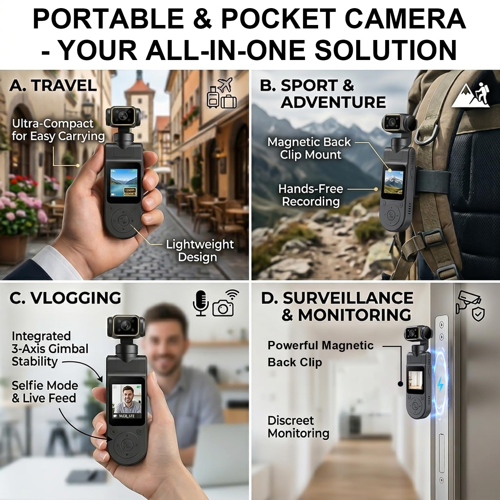 Caméra d'action de poche portable 1080p avec objectif rotatif, mini caméra corporelle avec enregistrement audio et vidéo, caméra Vlog portable pour sports de plein air, cyclisme, voyage