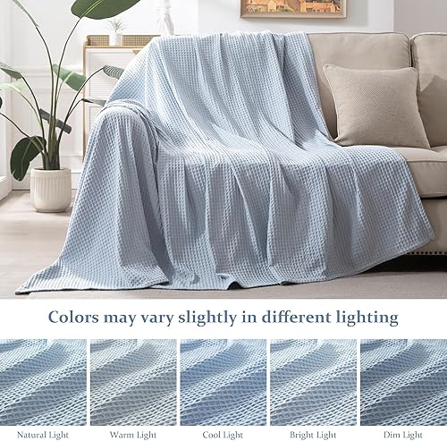 Miniatura 5 de GRT Manta de tejido gofre tamaño King para cama, manta suave, ligera y acogedora para todas las estaciones, manta de gofre azul para sofá, cama,