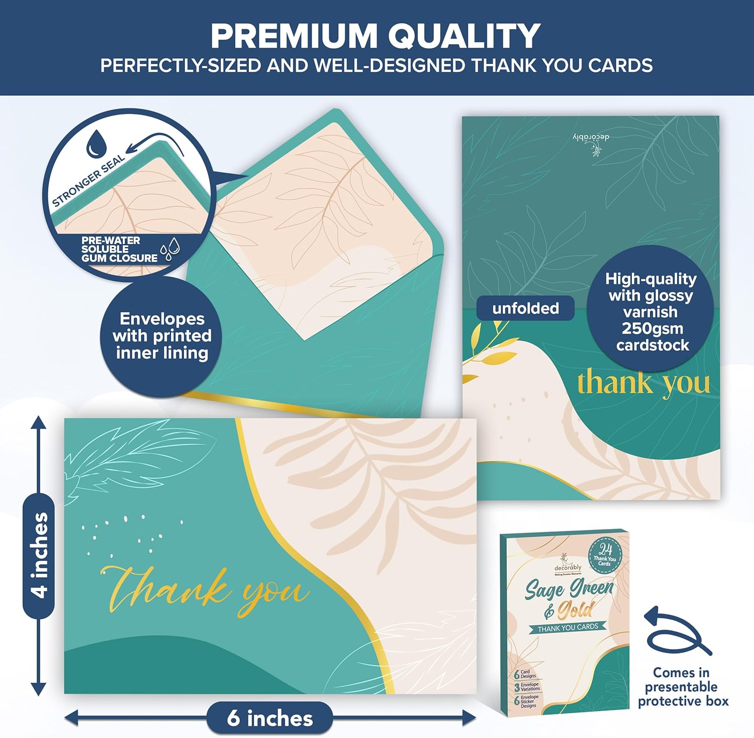 Decorably 24 Pack Gold-Foiled 6x4in Sage Green Thank You Cards with Envelopes & Stickers, 6 Elegant Designs for Friends, Family & Loved Ones, Blank Inside - All Occasions, Wedding, Birthday, Gifting - Image 3