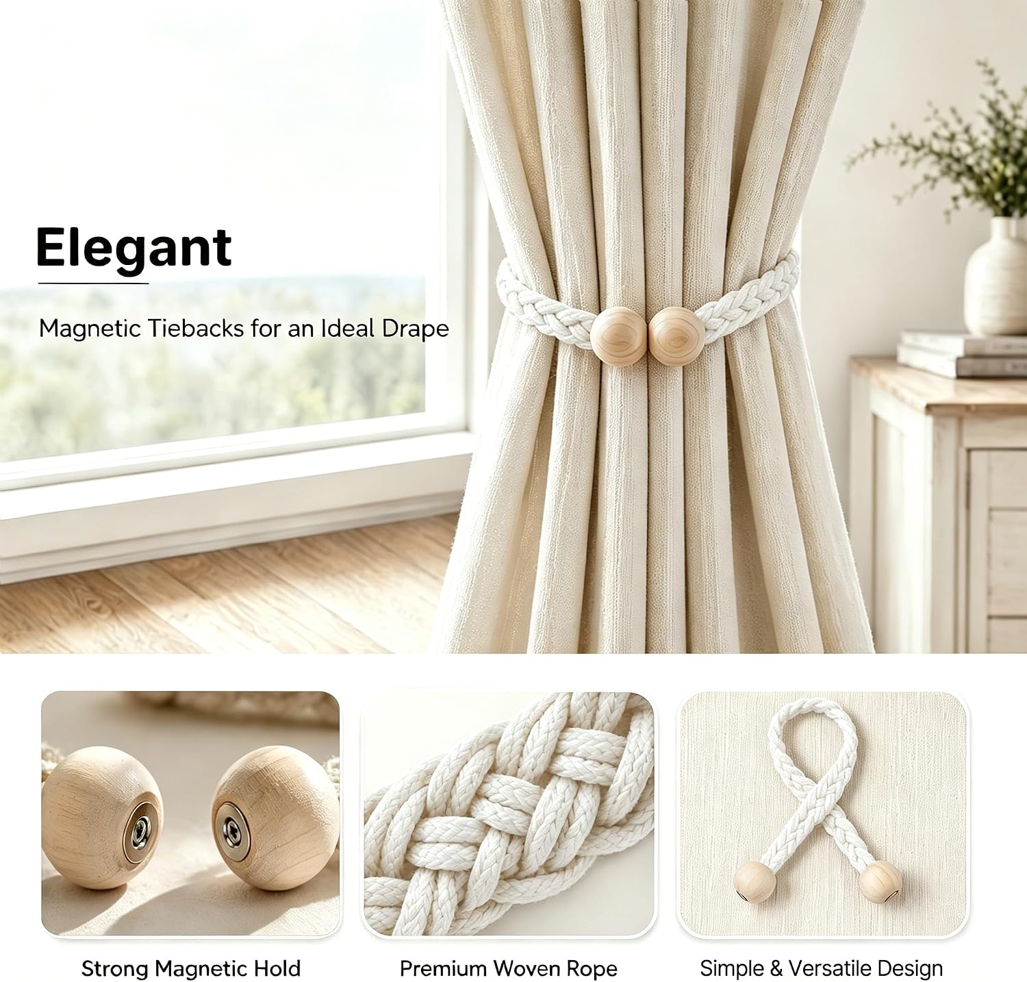 2 Pack Braided Magnetic Curtain Tiebacks Boho Rope Drape Holdbacks, White image 5