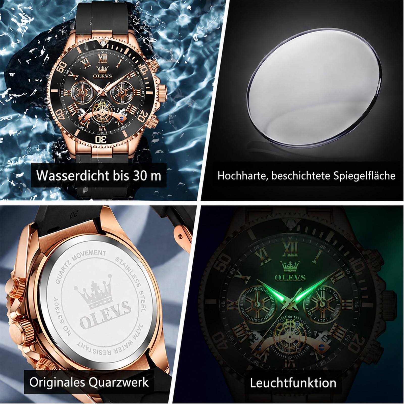 OLEVS Herren Quarzuhr Chronograph Silikonarmband 30M Wasserdicht Armbanduhr