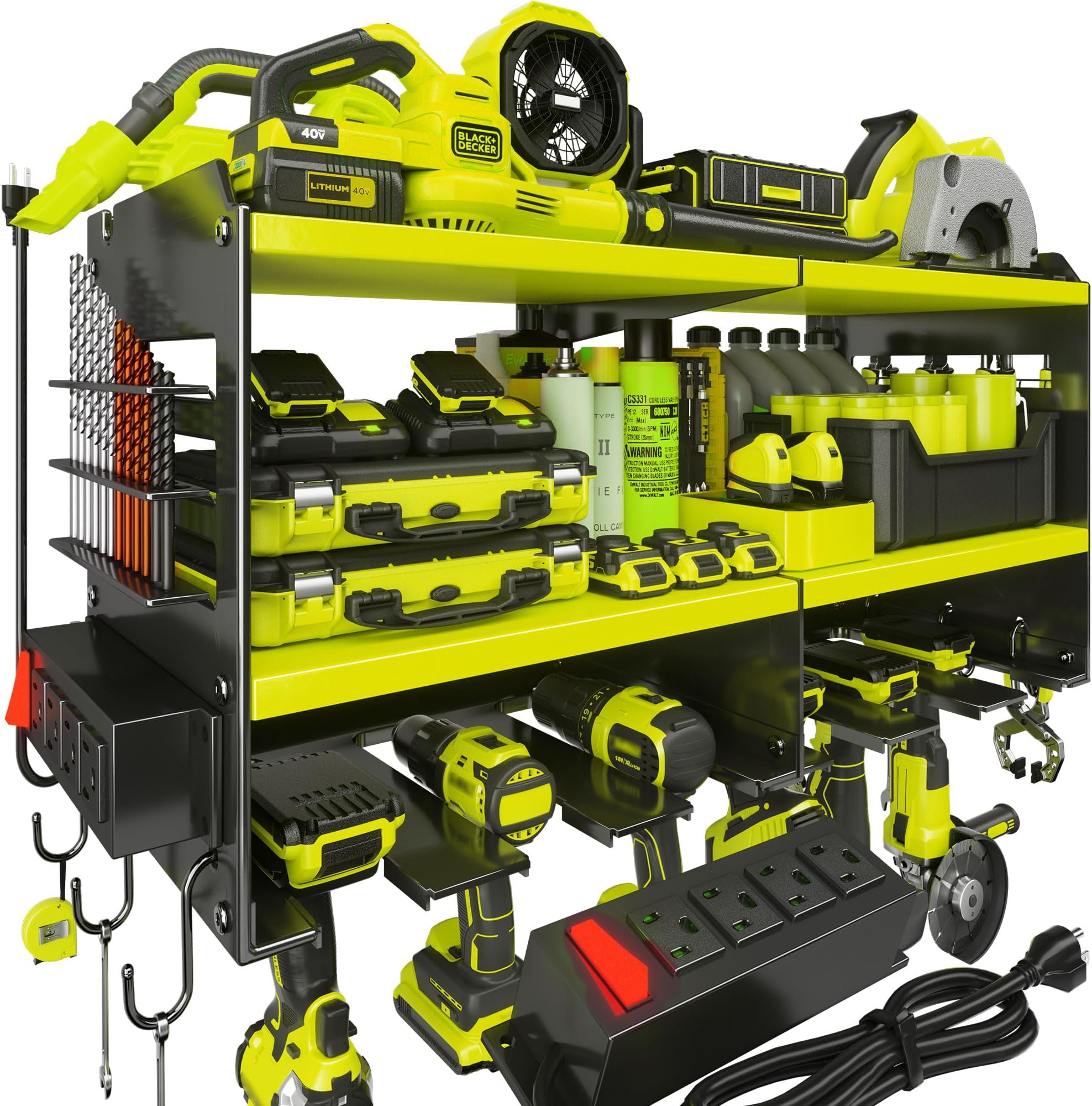 Spampur Power Tool Organizer, 15 Min Quick Assembly & Max 420lb Load by Heavy Duty Metal, 6 Slots for Cordless Drill with 4 Outlet Power Strip in Garage/Workshop/Suitable for Thanksgiving/Christmas