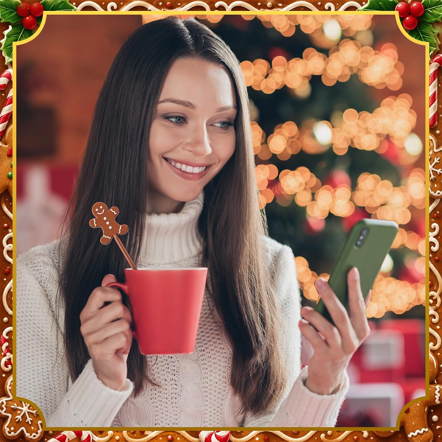 Potchen 120 Pcs Snowflake Drink Stirrers Plastic,Gingerbread,Brown