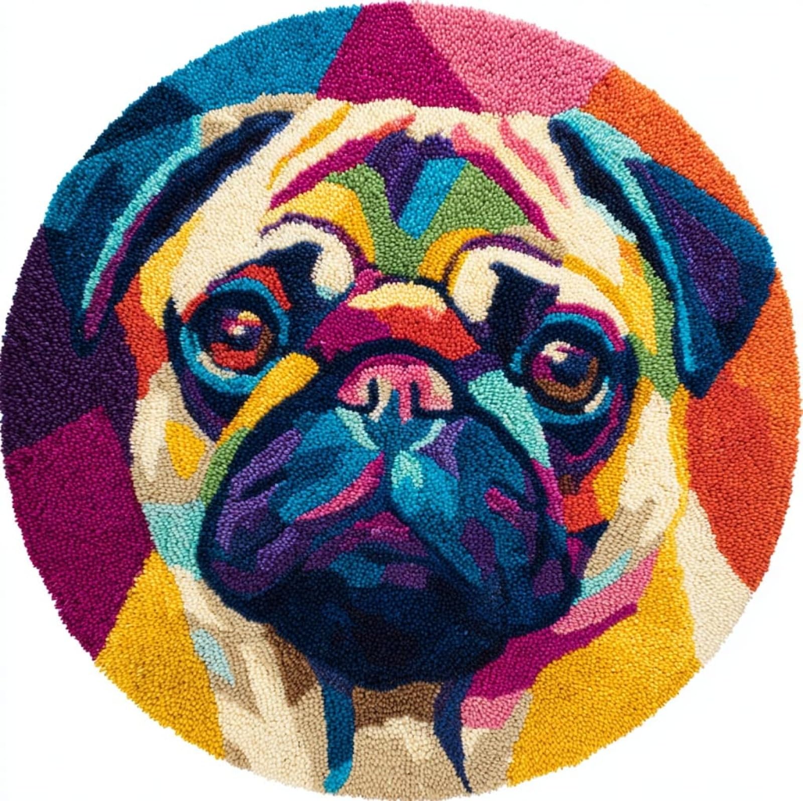 WallustrioaW Latch Hook Rug Kits for Adults Kids,Colorful Pug,Latch Hook Cushion Kits,DIY Yarn Cushion Crochet for Home Decoration,50x50cm