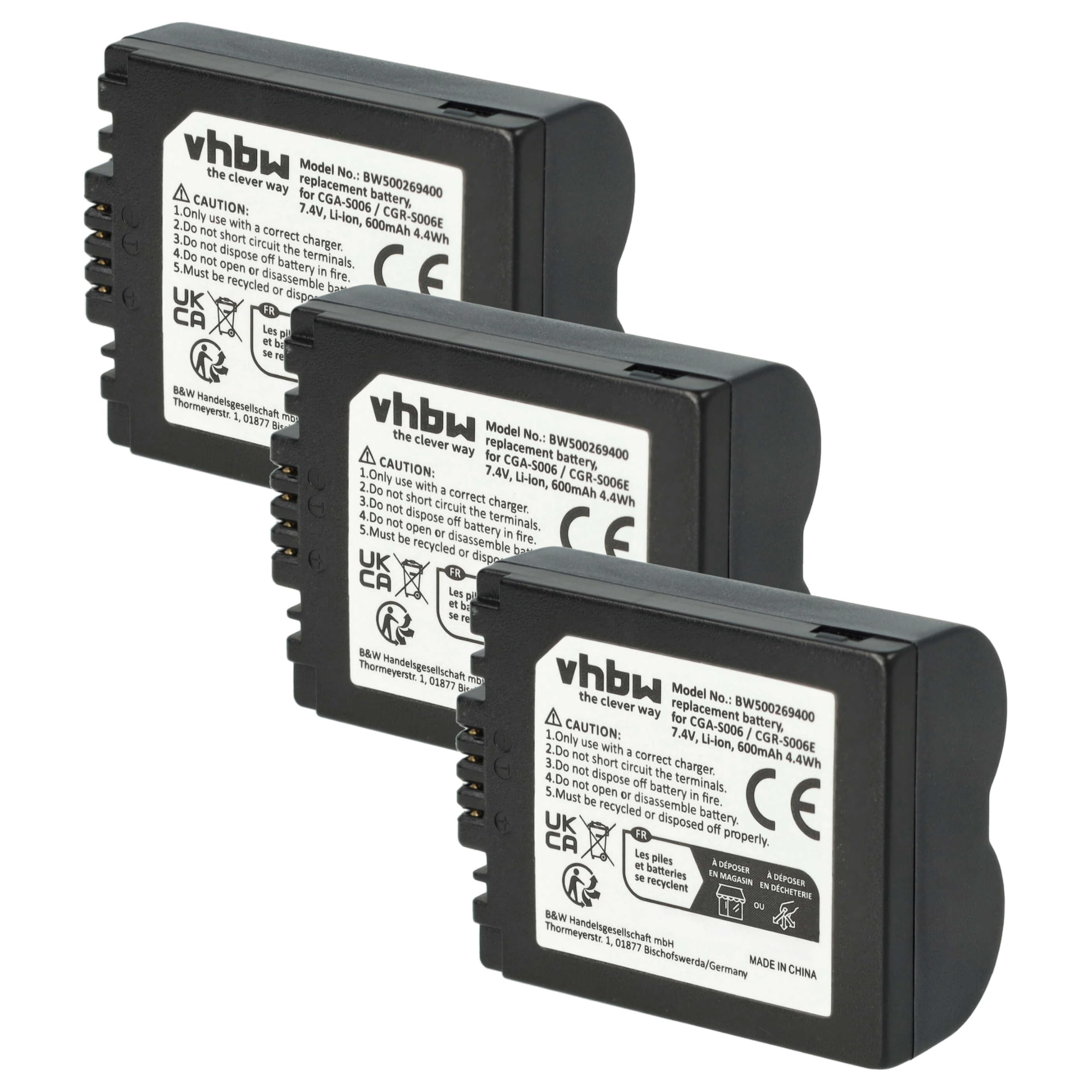 vhbw 3x batteria compatibile con Leica V-Lux 1 fotocamera (600mAh, 7,2V, Li- Ion