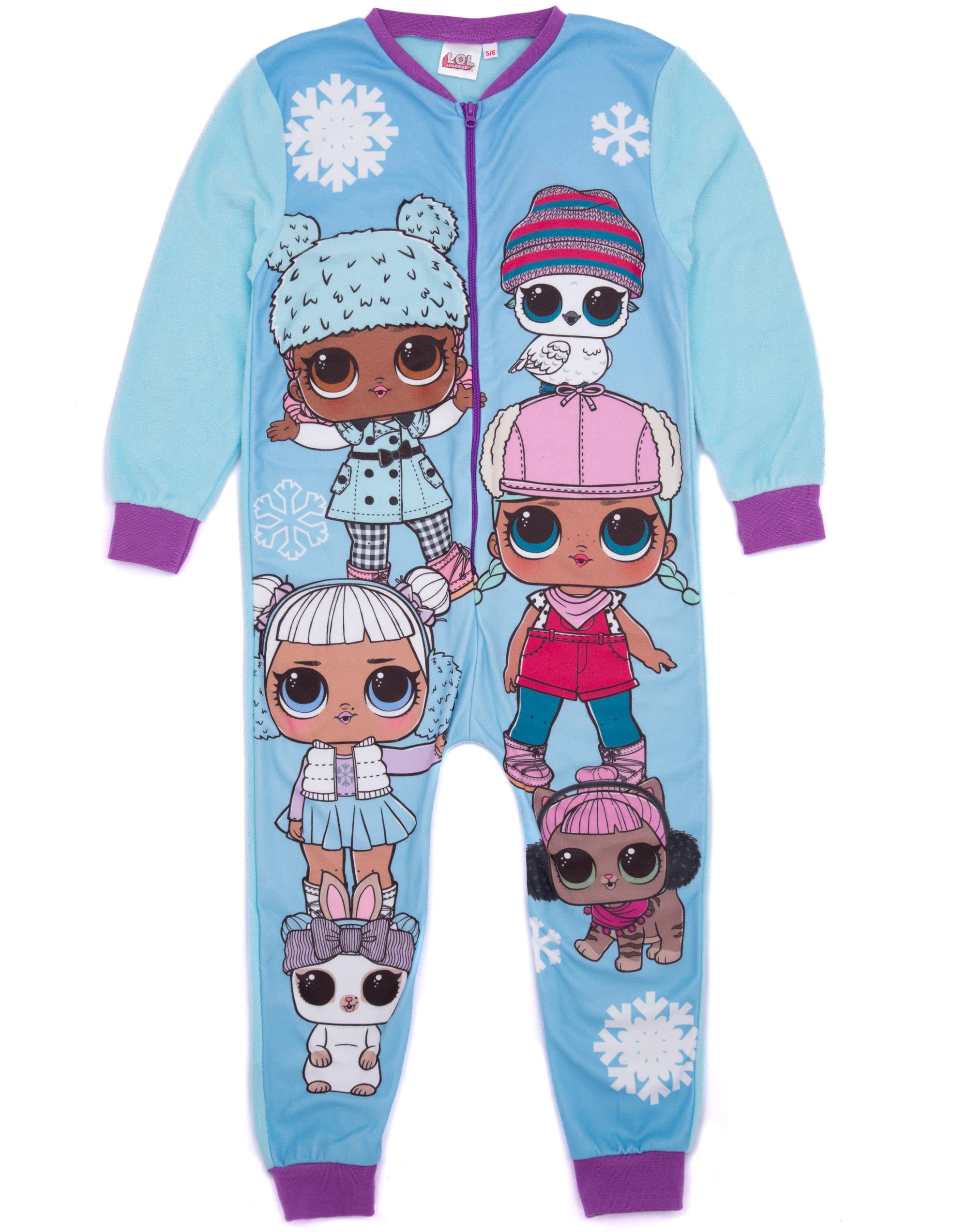 L.o.l. Surprise! Girls Blue Lol Surprise! Onesie In | All In One Fleece Pyjama Loungewear | Winter Snowflakes Fun Dolls Kids Pjs Sleepsuit Nightwear | Fashion Pajama Bodysuit Romper Merchandise Gift For Children