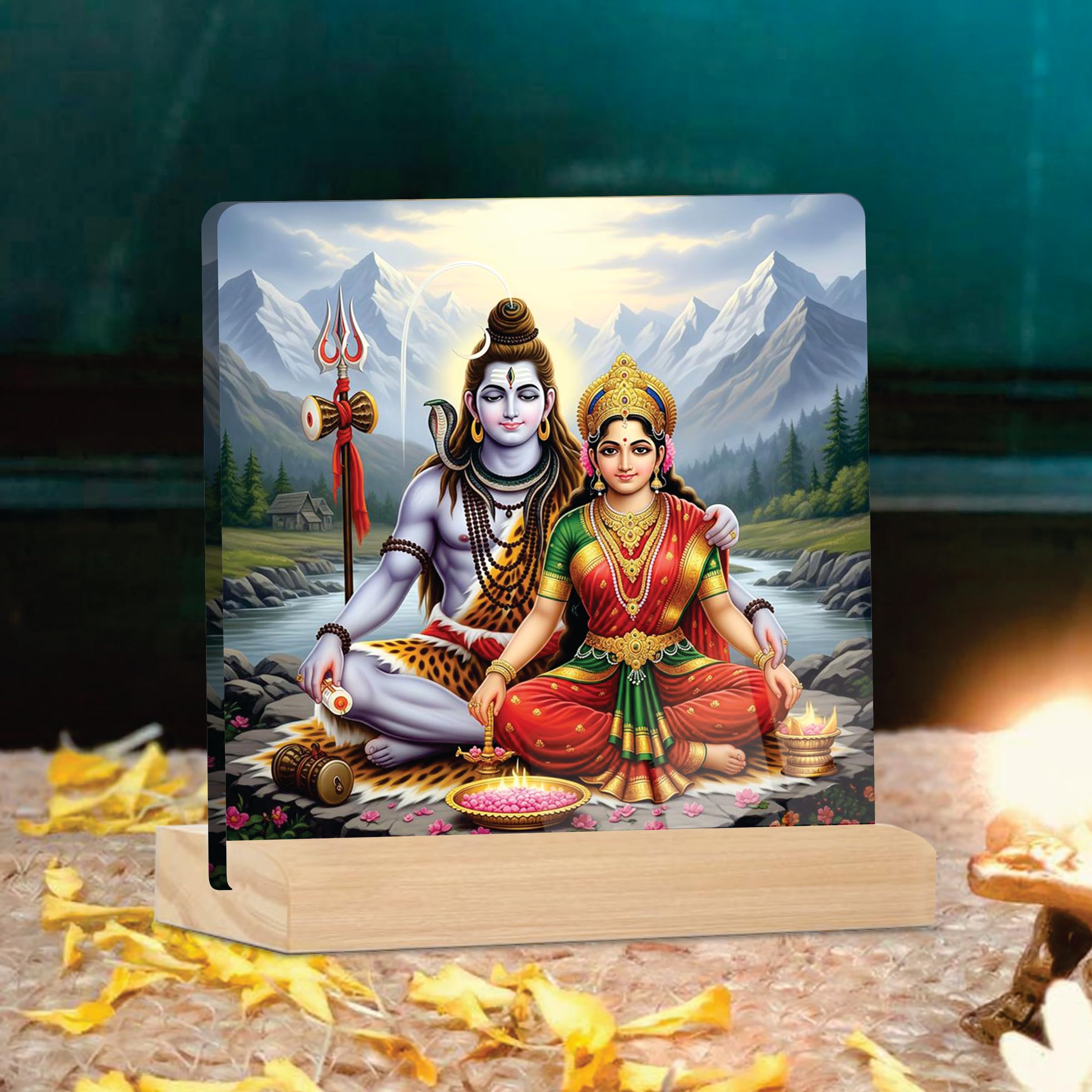 Giftplease Placa Parvati del Señor Divino Shiva y la Diosa con soporte de madera, marco de fotos religioso para el templo del hogar, habitación Pooja, oficina y regalo espiritual para inauguración de