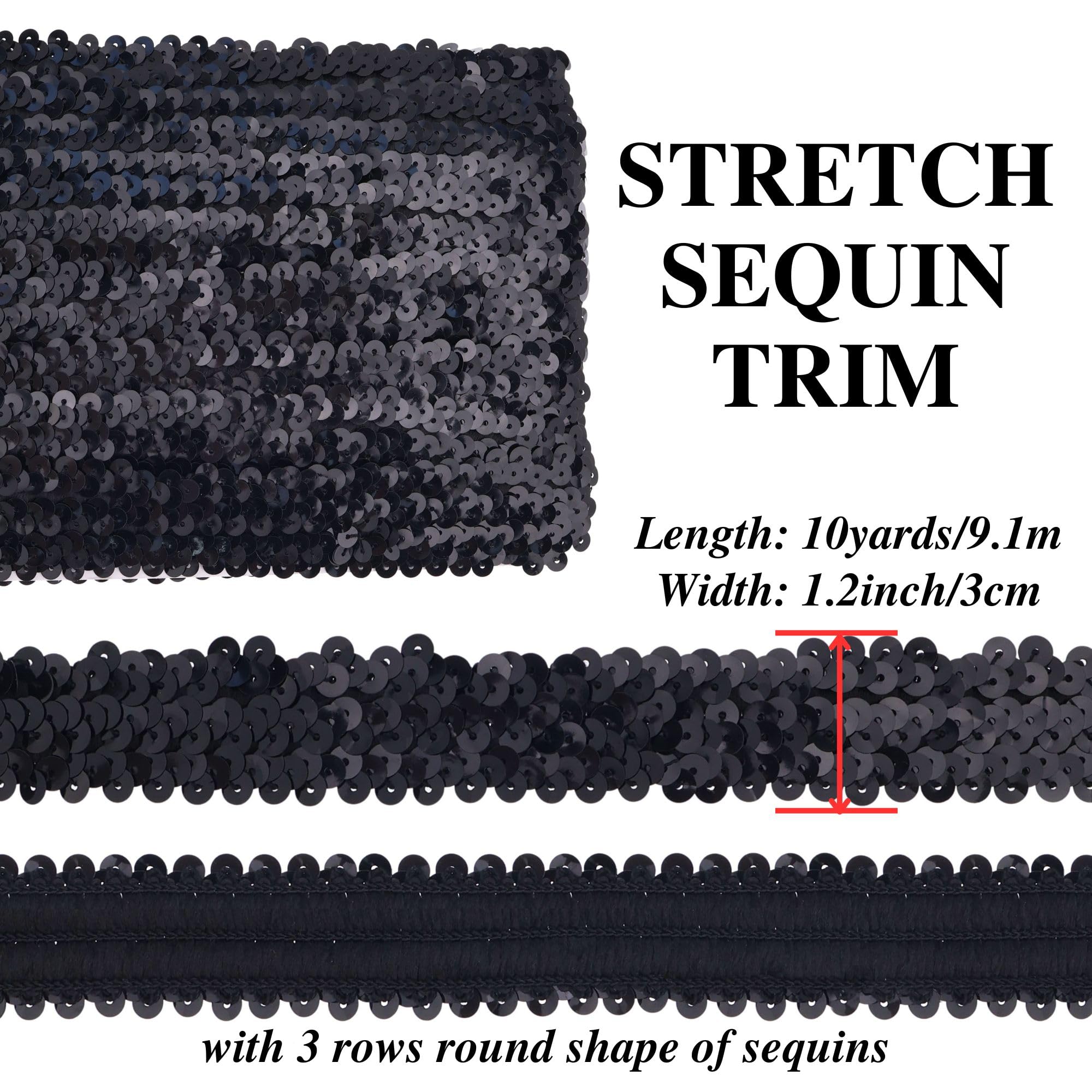 ZNZAKKA Black Elastic Sequin Ribbon Trim 10 Yards Flat Glitter Stretch Ribbon for Dance Dress Embellish Headband Supplies (Black)