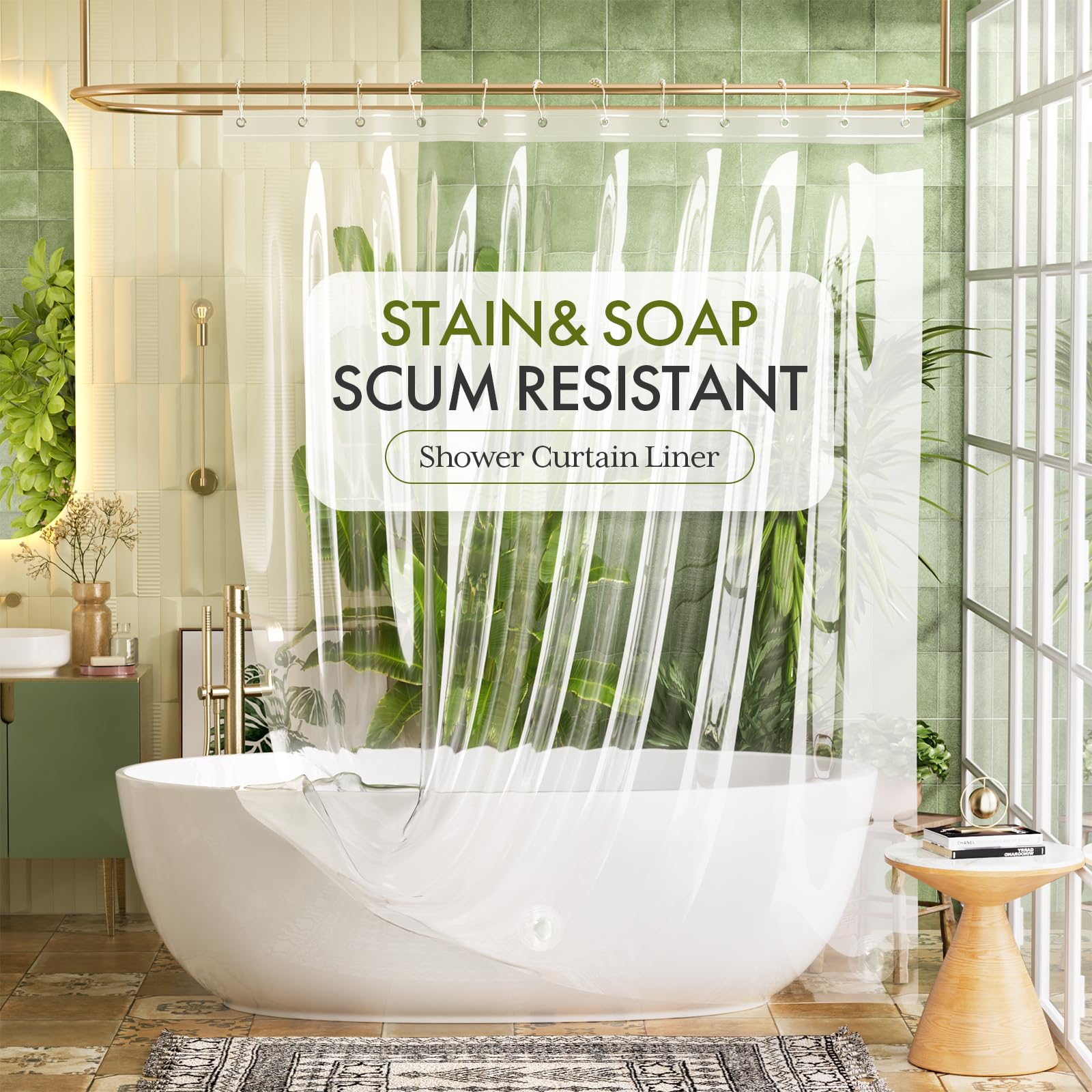Bathway Heavy Duty Shower Curtain Liner Clear Shower Curtain Liner 72x72 Inches, 8G Thick PEVA Waterproof Plastic Shower Curtain Liner for Bathroom with 3 Big Stones and 12 Rustproof Grommets