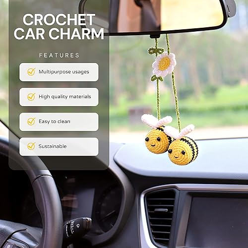 Miniatura 3 de Bunny Crochet Bee - Soporte para espejo retrovisor para automóvil, bonito adorno colgante de coche de abejorro, un regalo para los amantes de las