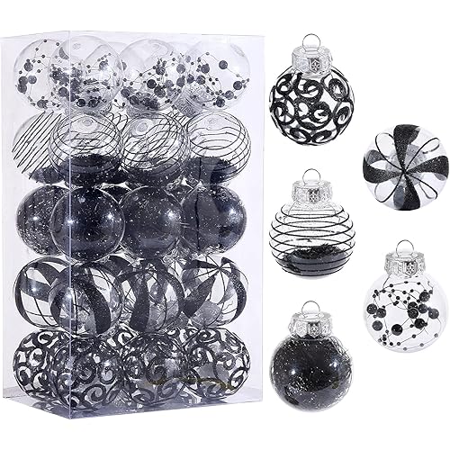 BSTCRAFT 60MM/2.36 Christmas Ornaments Set, 30pcs Clear Christmas Ornaments Black Shatterproof Decorative Baubles for Xmas Tree