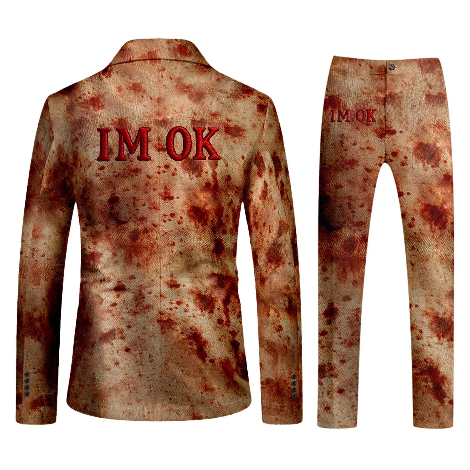 Blazer Herren Blutspritzer Horror Halloween Anzug Outfits 2-Teilig Casual V Ausschnitt und Hose Entsetzen Blutig Bedruckt Sakko Anzughose Blutiger Anzüge Festliche Hosenanzug