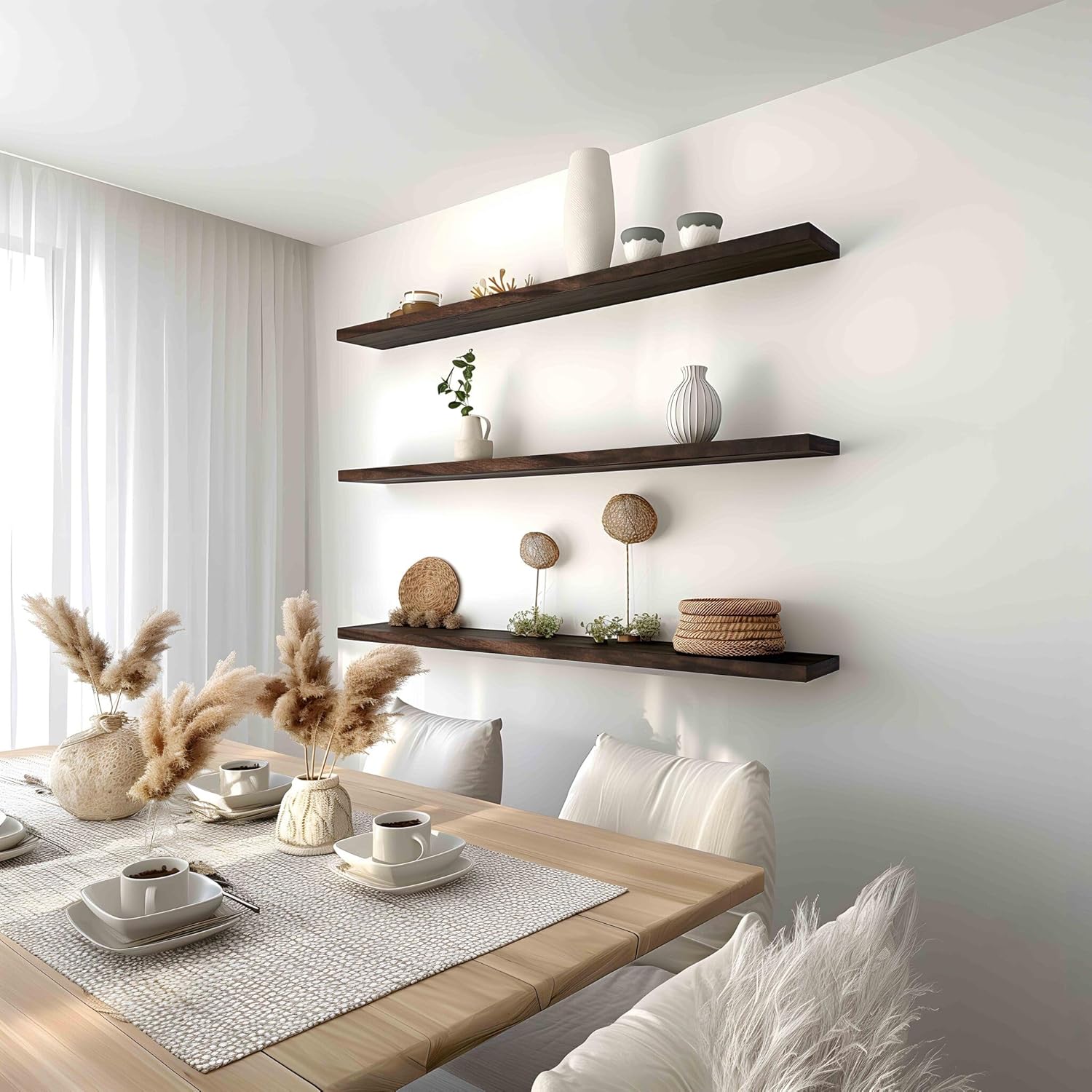 phph 48 inch wood floating shelves for wall, wooden wall shelves for bedroom, set of 4 brown dark wood 48in