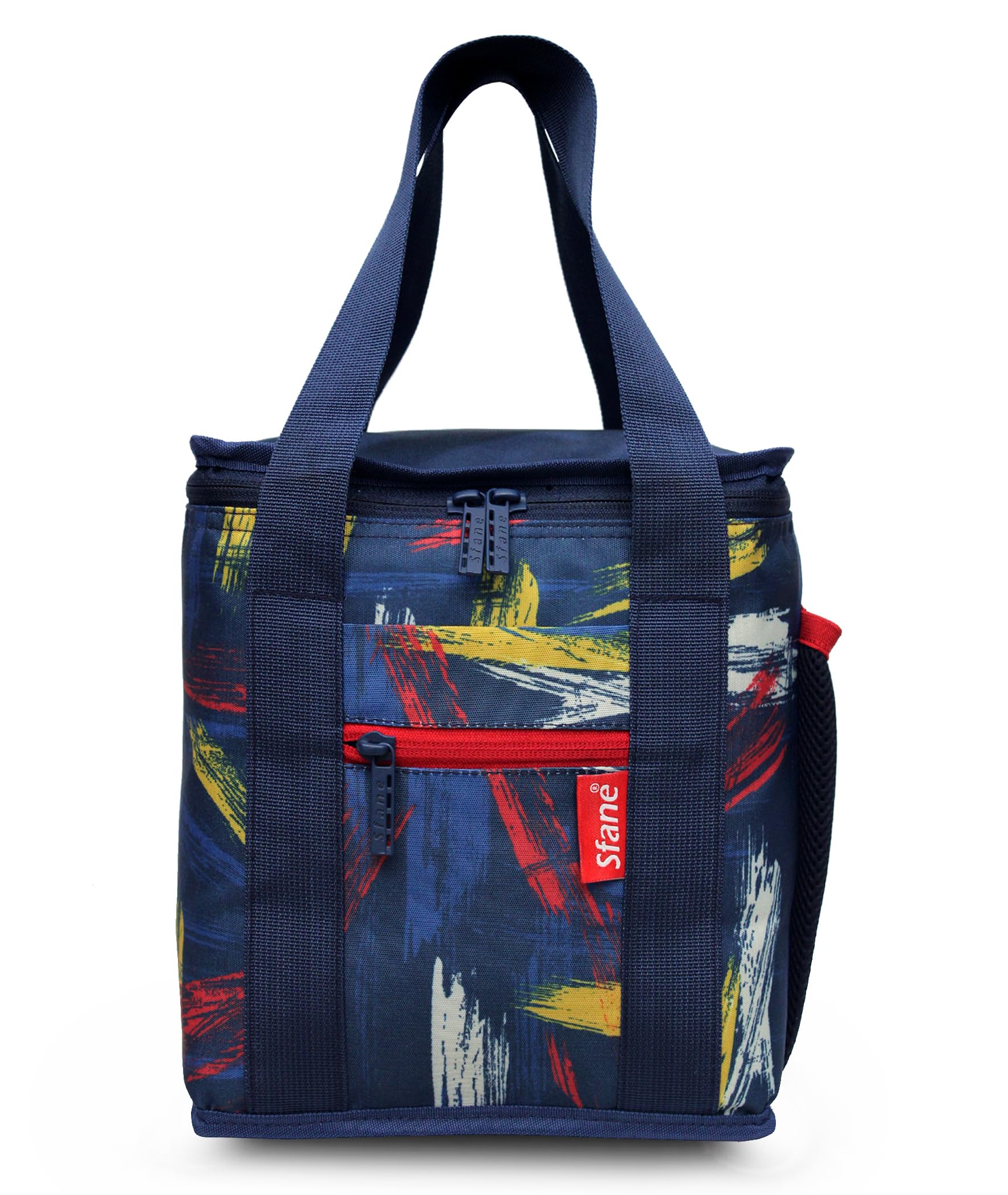 Sfane Insulated Lunch Bag - Compact, Easy Wash, Smooth Zipper & Lightweight - Tote Bag & Container, Tiffin Bag for Men, Women, Adults (Navy Blue, Red & Yellow)