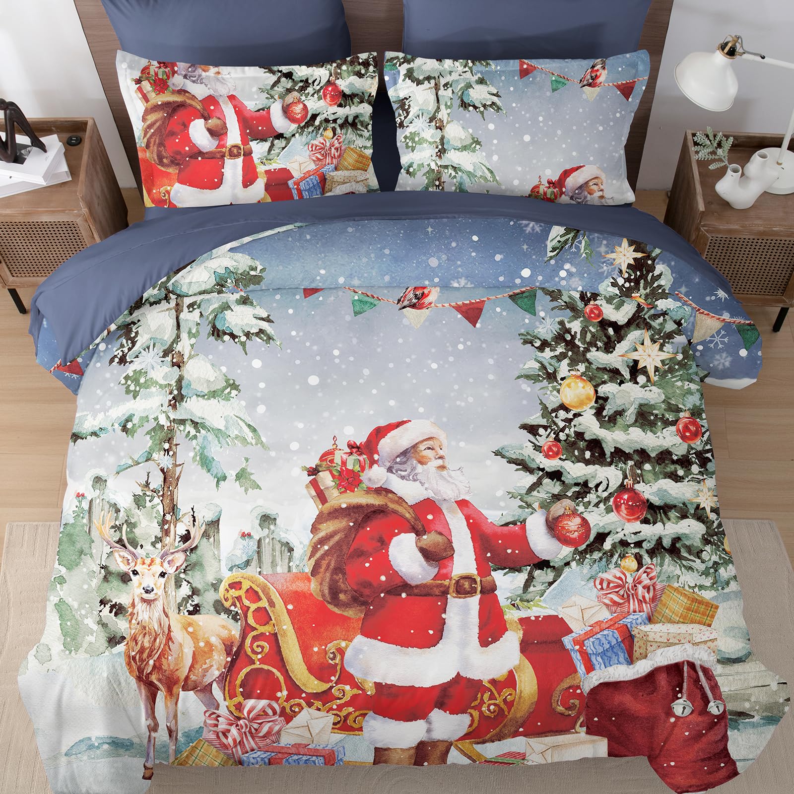 WONGS BEDDING Christmas Duvet Cover Set Double Size 3D Santa Claus Pattern Bedding Set Rev...