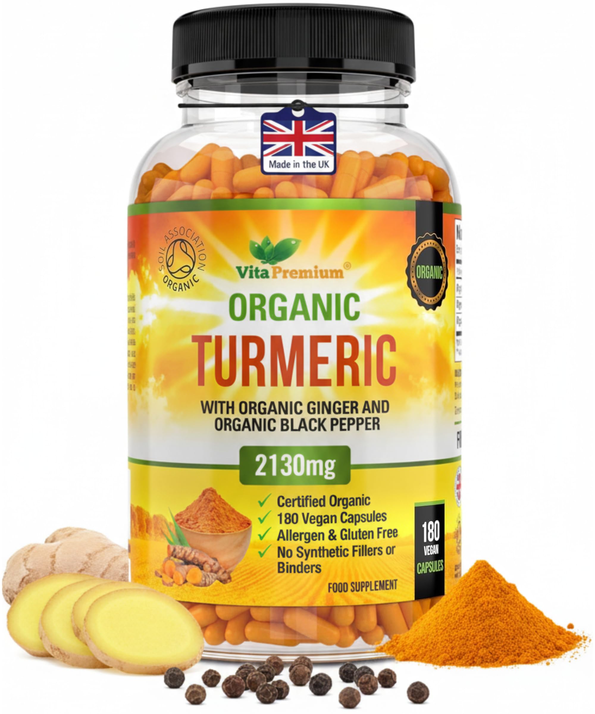 Turmeric and Black Pepper Capsules for Anti-Inflammatory and Joint Pain Relief - 180 Organic Capsules - High Strength Turmeric Curcumin Supplement with Added Black Pepper and Ginger - Made in UK