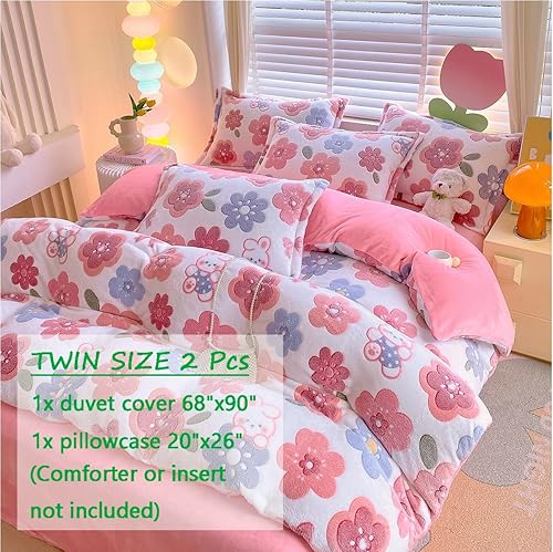 Miniatura 29 de Funda de edredón tamaño Queen, juego de ropa de cama de 3 piezas de conejo rosa, funda de edredón estética tamaño matrimonial, manta floral ultra