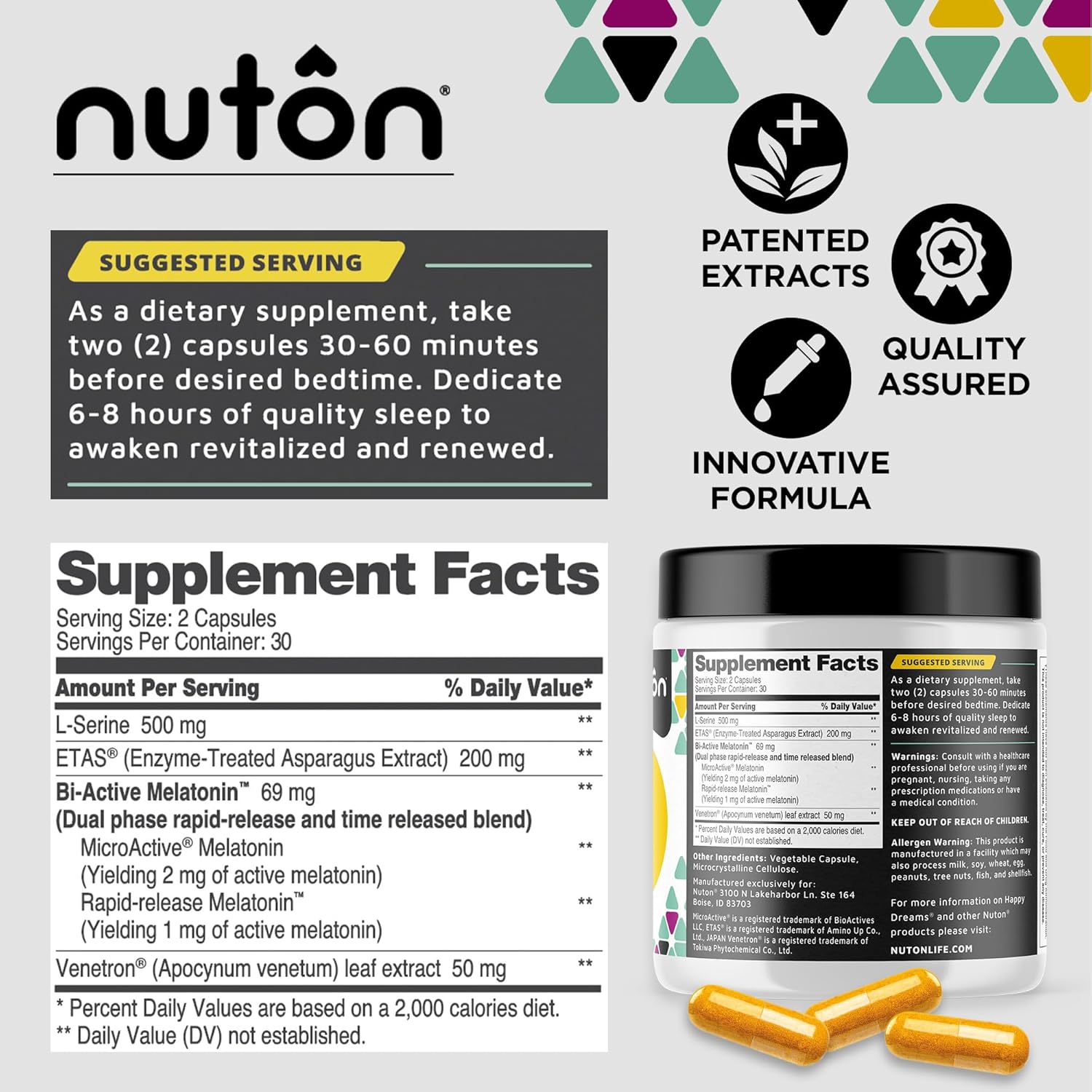 Nuton Happy Dreams Natural Sleep Aid Supplement & Cellular Vitality - Melatonin Sleep Aid for Adults, Time Release Formula with ETAS Asparagus, L-Serine and Venetron Extract, 60 Veggie Capsules - Image 3