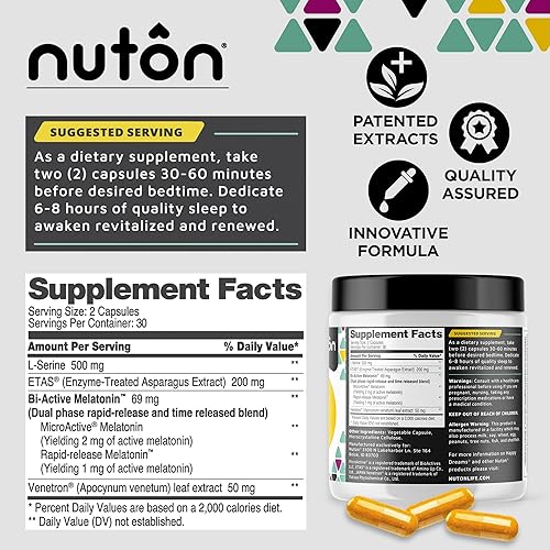 Miniatura 3 de Nuton Happy Dreams - Suplemento para dormir  Ayuda natural para dormir para adultos, melatonina de liberación prolongada, extracto de espárragos y