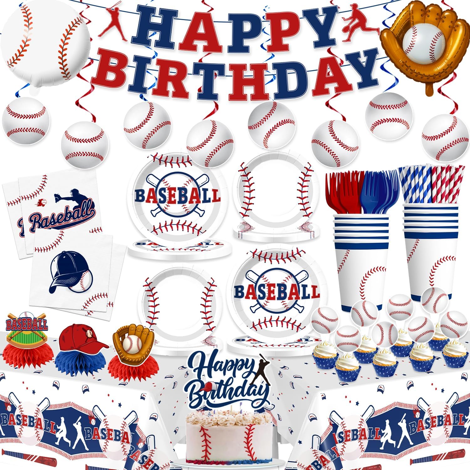 Xynic 202Pcs Baseball Birthday Decorations Tableware Set Serve 25 Guests, Baseball Party Decorations Include Banner, Plates, Tablecloth, Cake Topper, Cups, Cupcake Topper for Baseball Birthday Party