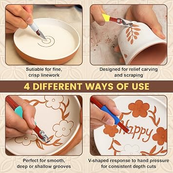 Lanties 4 Pcs Pottery Carving Tool Set Sculpture Scraper Craft Modelling Tools Red Pear Wood Texture Handle with Stainless Steel Blade for Clay Carving, Ceramic Sculpting, Graffito (Classic Color)
