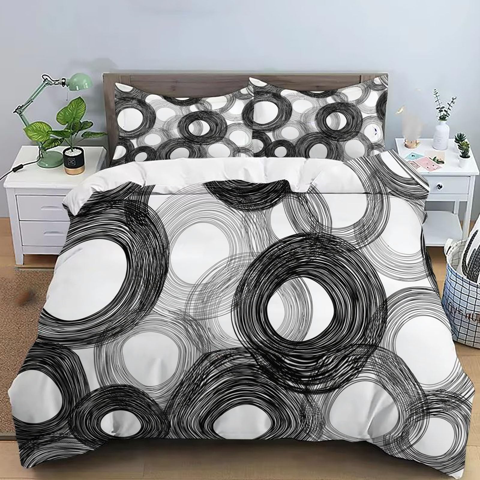 Juego de Funda Nórdica 150x220cm 3 Piezas para Cama, Línea Negra Círculo Microfibra de Poliéster Suave Transpirable Dibujo A Mano, Incluido 1 Funda Edredón y 2 Fundas de Almohada, Gris Oscuro