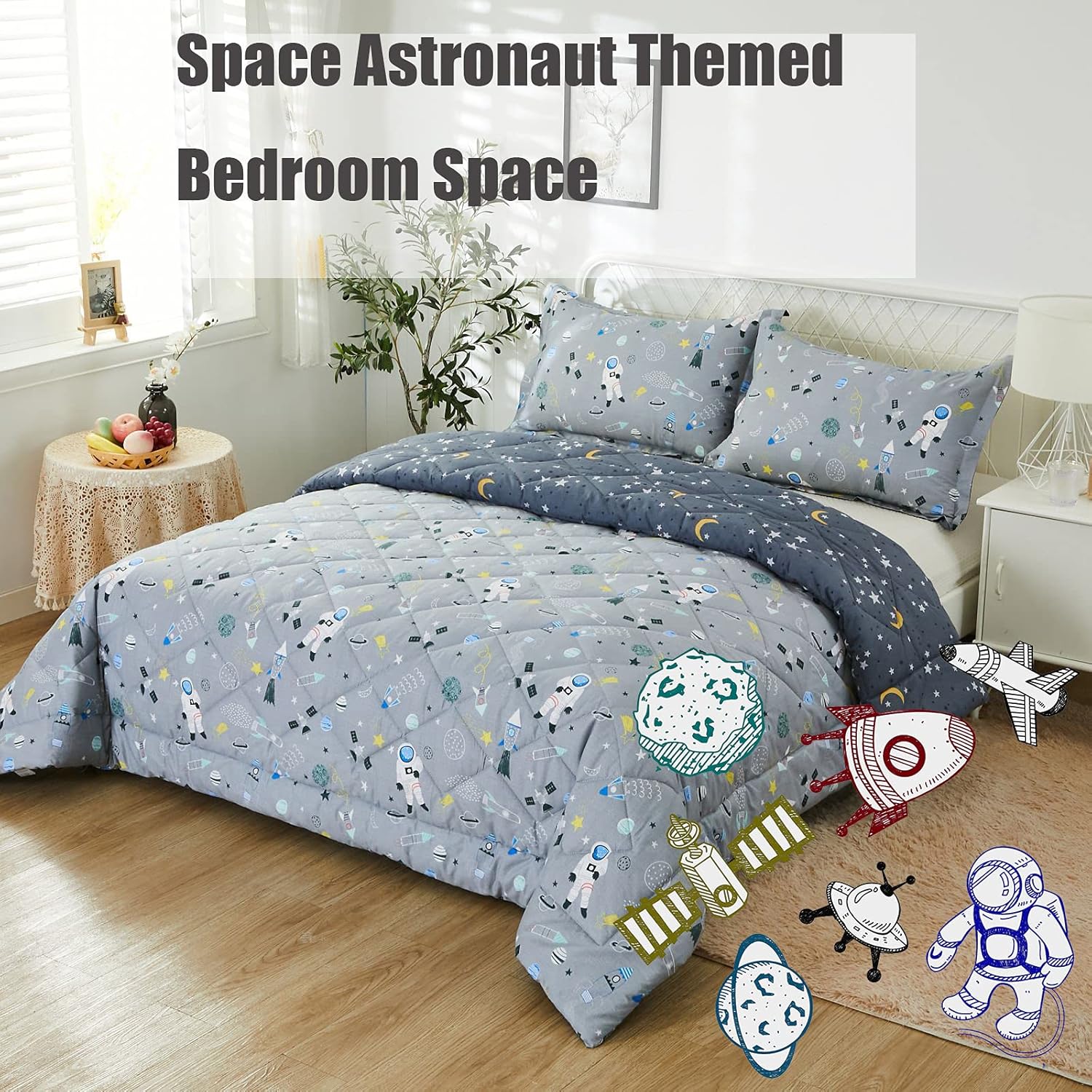 Brandream Kids Space Bedding Set Queen Size Boy Girl 100% Cotton Space Rocket Galaxy Comforter Set 3-Piece - Image 6