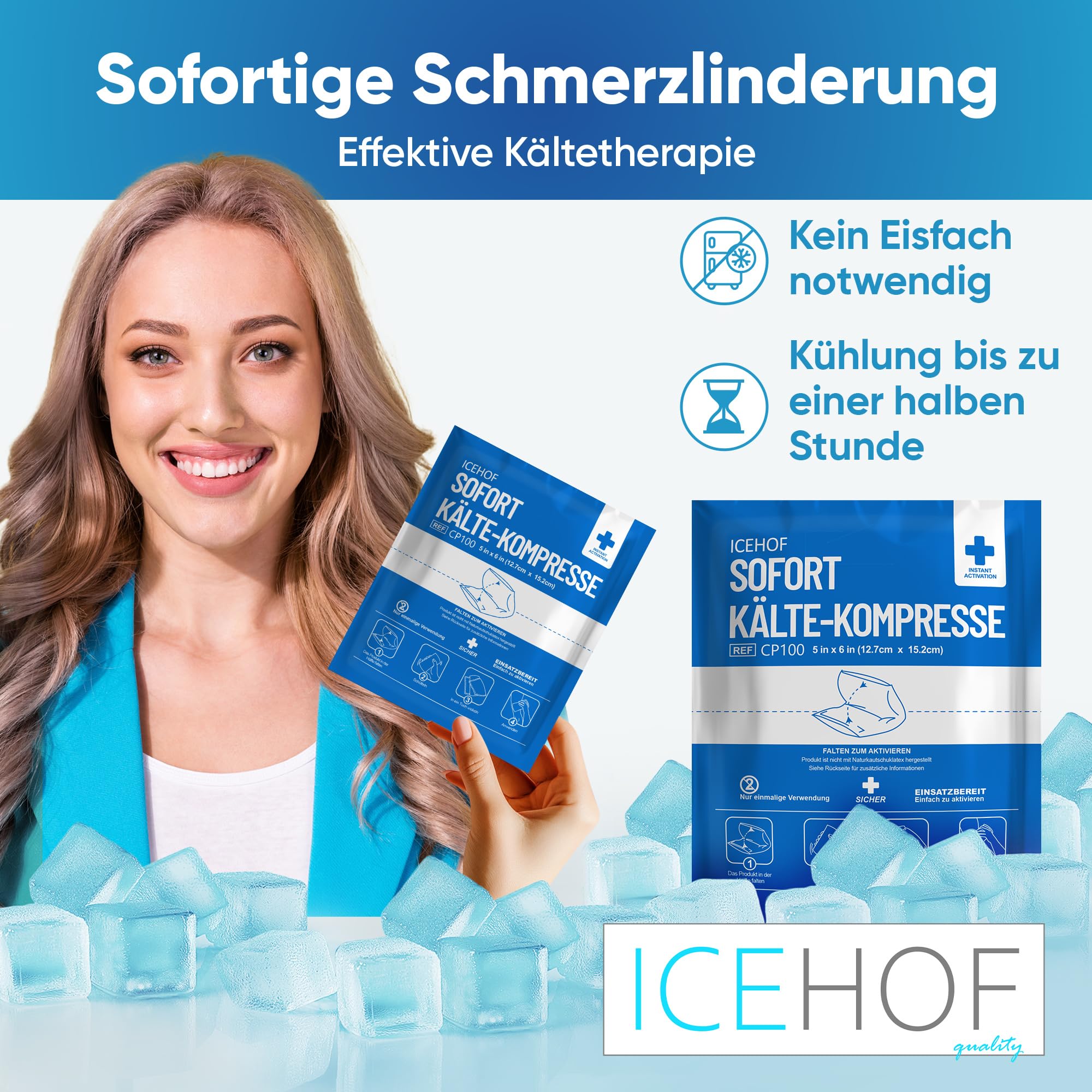 ICEHOF Almohadillas de refrigeración para doblar – 50 compresas frías instantáneas – 15,3 x 12,7 cm – compresas de refrigeración desechables para viajes – Paquete de refrigeración para doblar
