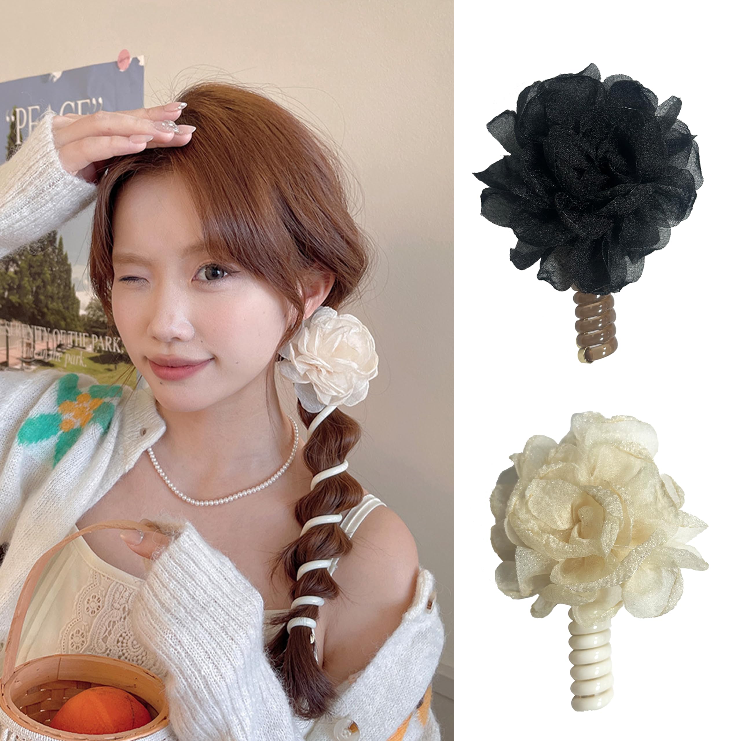 2pcs Flower Hair Ties, Takemay Telephone Wire Hair Bands for Women and Girls Ponytail Hair Accessories for Thin Thick Curly Hair (Beige, Black)